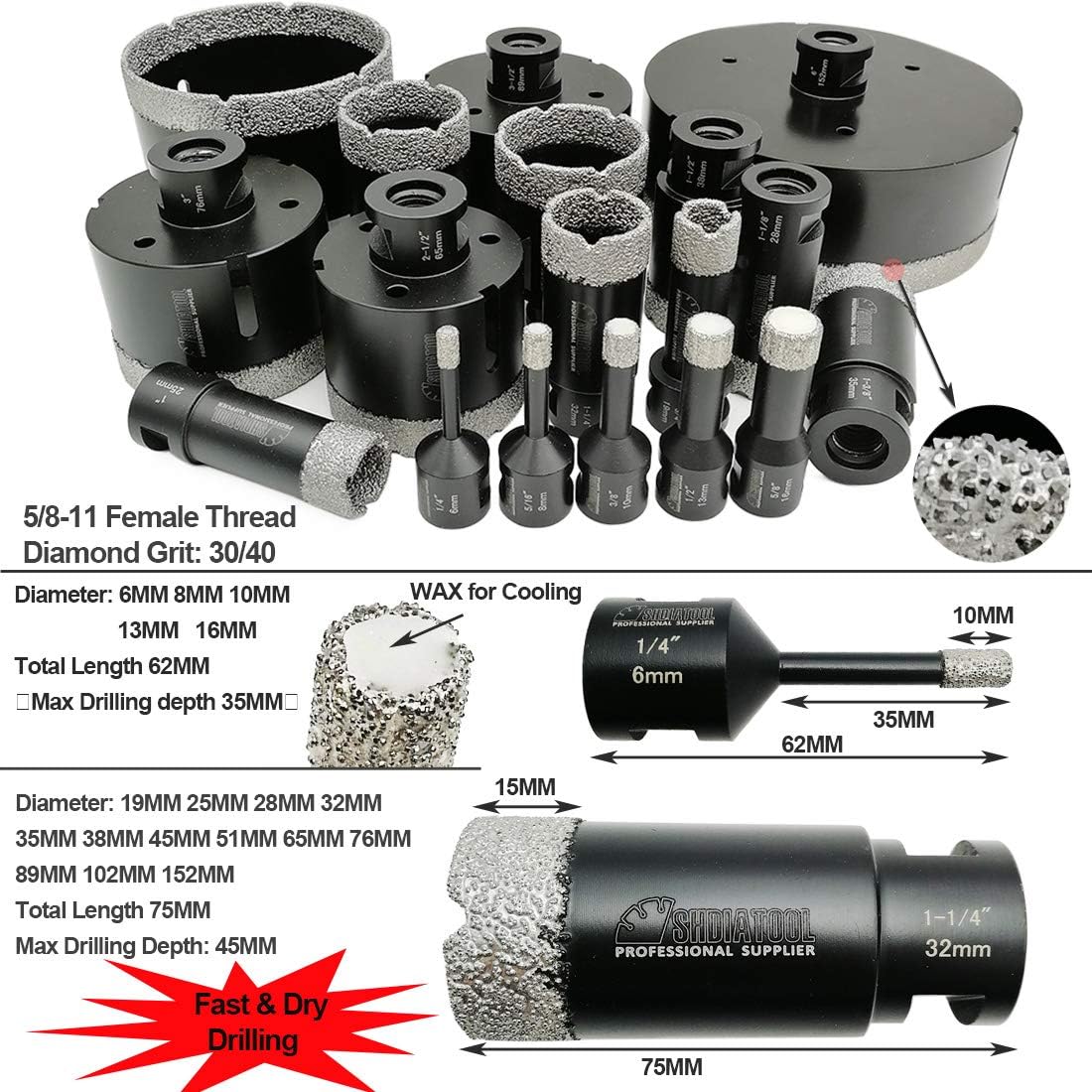 SHDIATOOL 6PCS Diamond Core Drill Bits Set for Porcelain Tile Granite Marble Stone Brick Vacuum Brazed Hole Saws 06 08 10 25 35 51mm