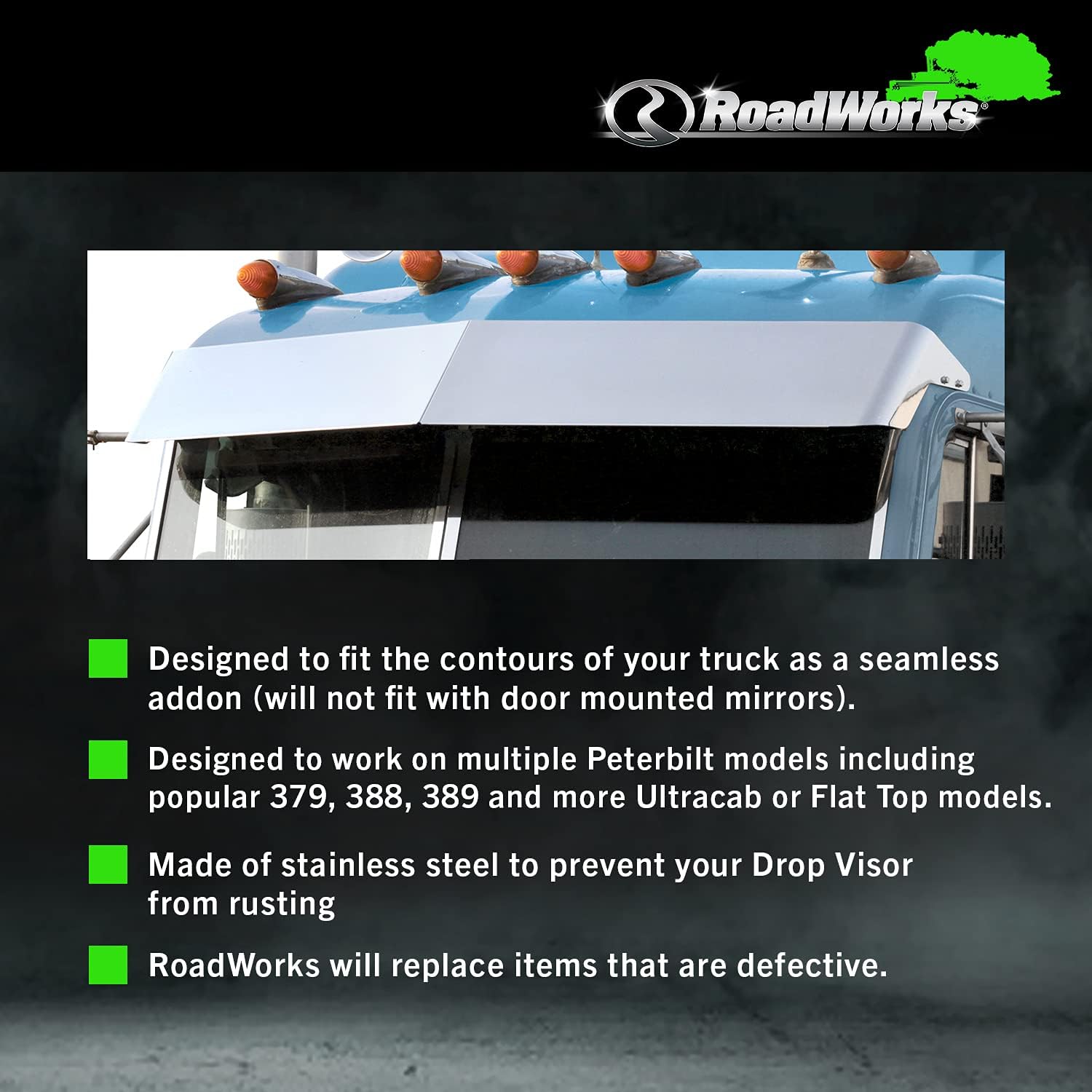 RoadWorks Stainless Steel 11&rdquo; Blind Mount Drop Visor for 1987-2020 Peterbilt Legacy Style Cab