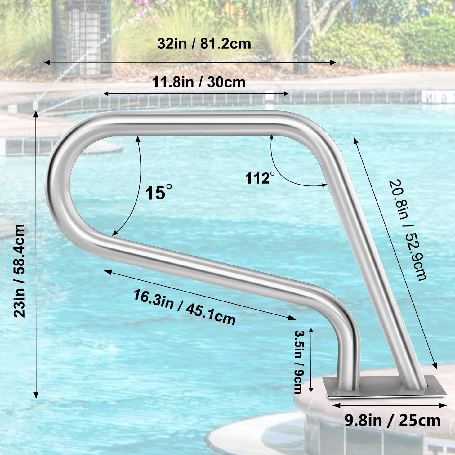 Worcest Pool Rail 32x23 Pool Railing for Inground Pool 304 Stainless Steel Swimming Pool Handrail 250LBS Load Capacity Rustproof Pool Ladders Rail with Blue Grip Cover & Anchors Screws