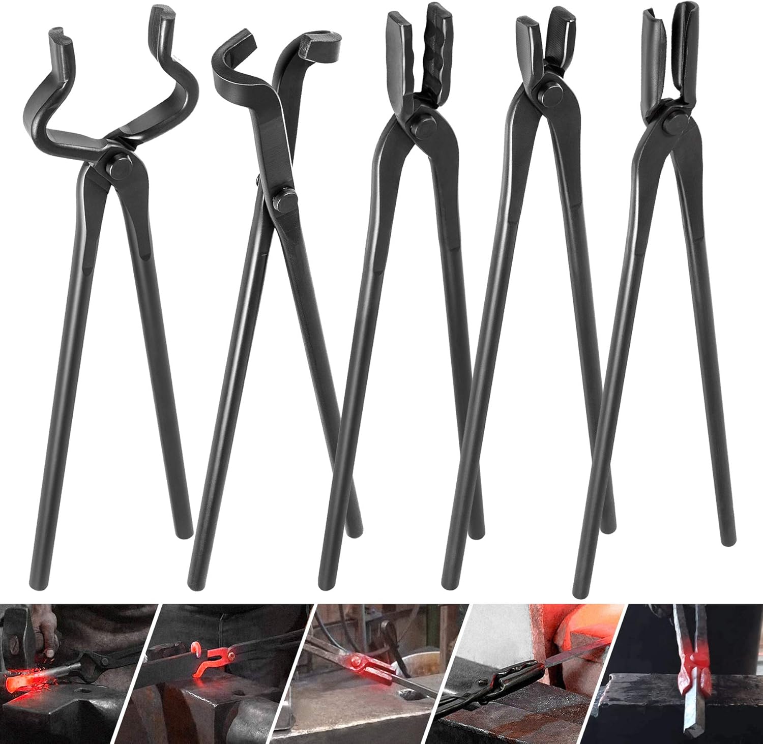 PIILOO Blacksmith Bladesmith Tongs Knife Making Tong Set - V-Bit Bolt Tongs, Flat Tongs, Square Jaw Tongs, Blade Tongs, Wolf Jaw Tongs (5PCS)