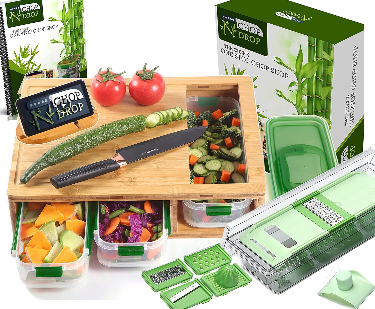 Bamboo Cutting Board With Containers And Locking Lid. Includes Built-in GRATER. Extra Large Cutting Board Set With Trays For Easy Food Prep And Cleanup. Stackable Containers For Easy Storage Pack of 2