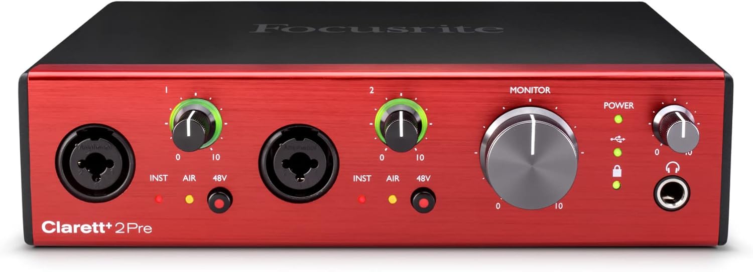 Focusrite Clarett+ 2Pre 10-In and 4-Out Audio Interface Bundle with Knox Gear Closed-Back Studio Headphones, XLR Cables and 1/4-Inch TRS Cables (6 Items)