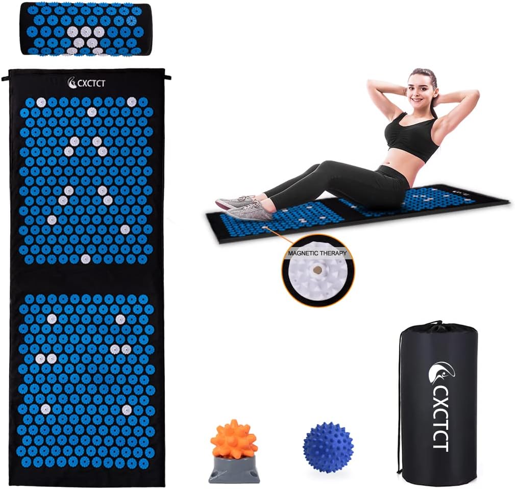 Extra Long Yoga Acupressure Mat Set,Massage Acupuncture Mat Large,Magnetic Mat Acupressure Body mat and Pillow for Neck Back Pain Relief(Gold)