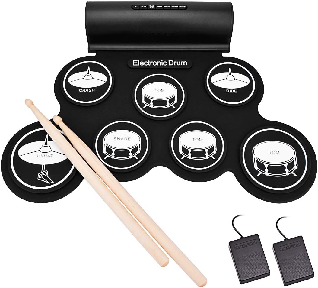 Electronic Drum Set, Roll Up Drum Practice Pad with Headphone Jack Built-In Speaker (DC Powered) Digital Touch 7 Labeled Drum Pads 2 Foot Pedals Up to 10H Playing Time, Holiday Gift for Kids