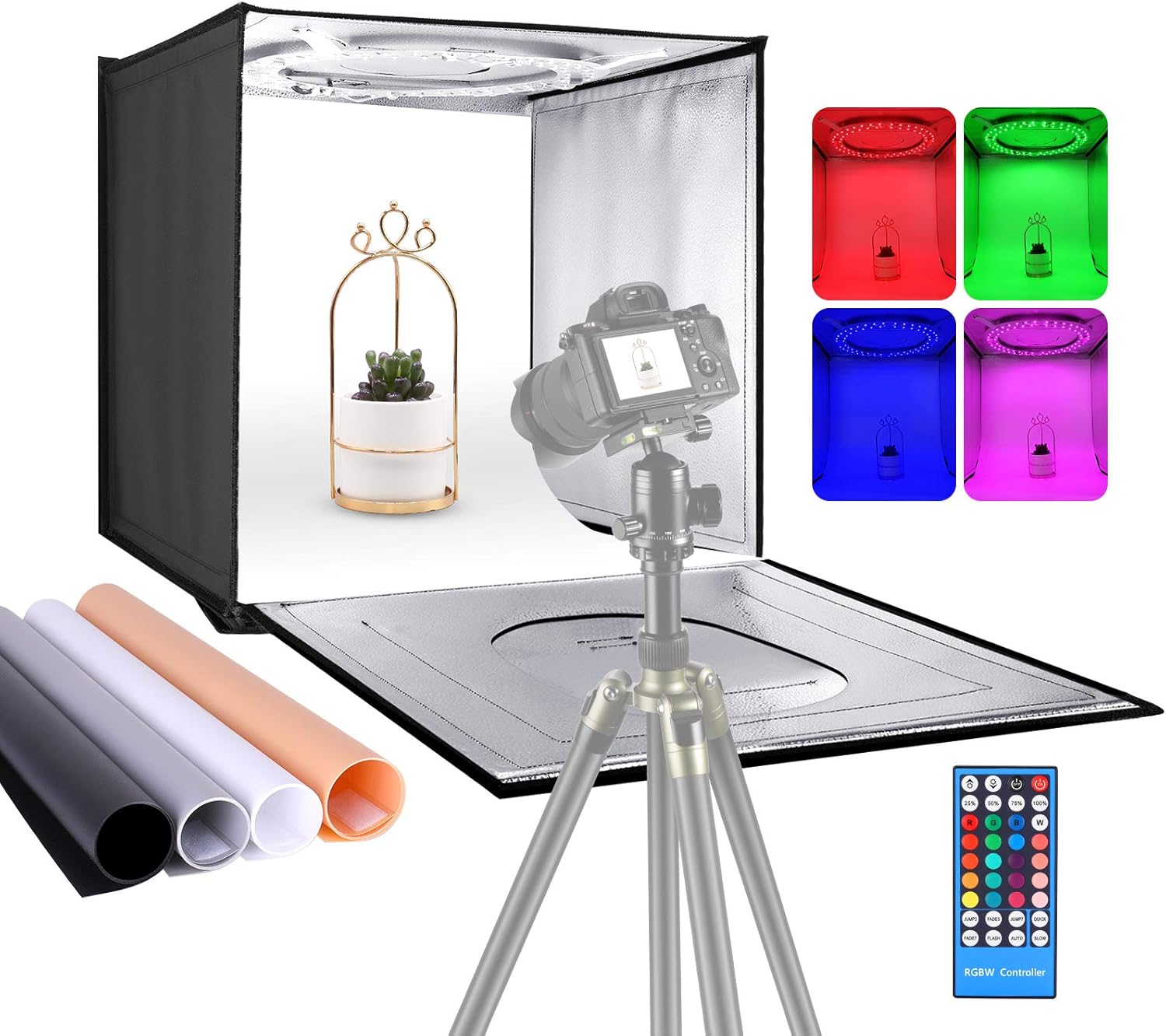 Neewer Photo Studio RGB Light Box with Infrared Remote Control, Foldable Table Top 16 inches/40cm Shooting Tent with 48 RGB LEDs/Adjustable 2-20W/6000K-6500K/4 Colors Backdrops
