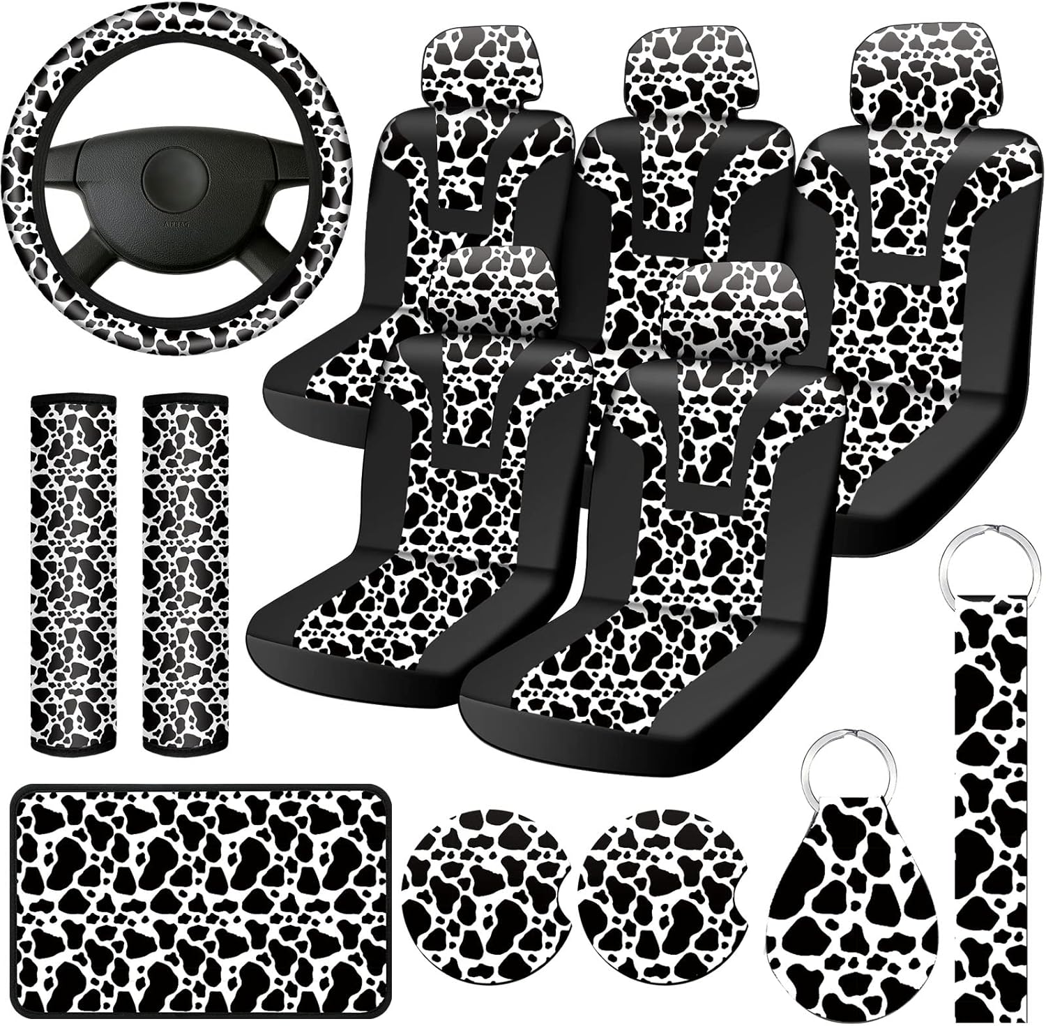 17 Pieces Cow Print Car Accessories Set, Includes Cow Seat Covers Set Steering Wheel Cover Car Coasters Armrest Pad Cover Seat Belt Pads Keychain and Wrist Strap for Car Decoration
