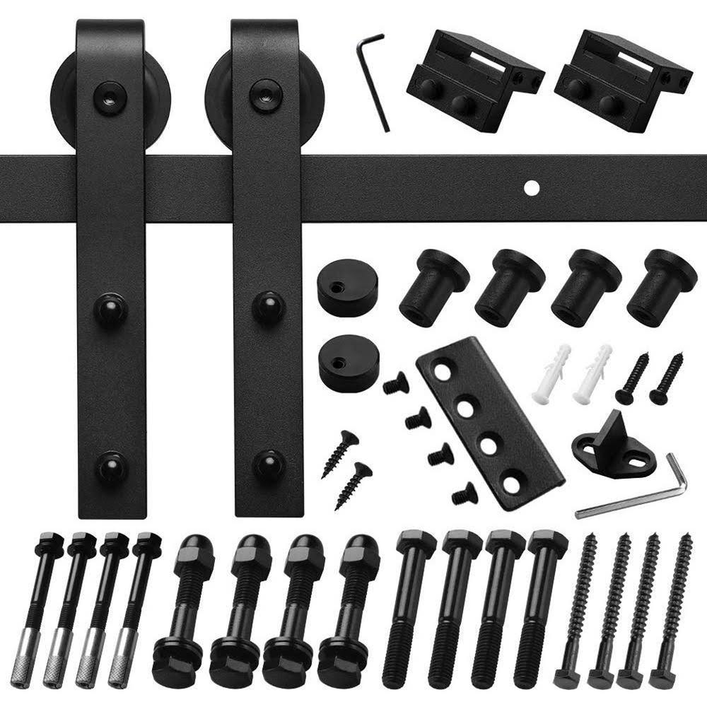Boyel Living 6 ft./72 in. Black Steel Bent Strap Sliding Barn Door Track and Hardware Kit for Single Door with Floor Guide