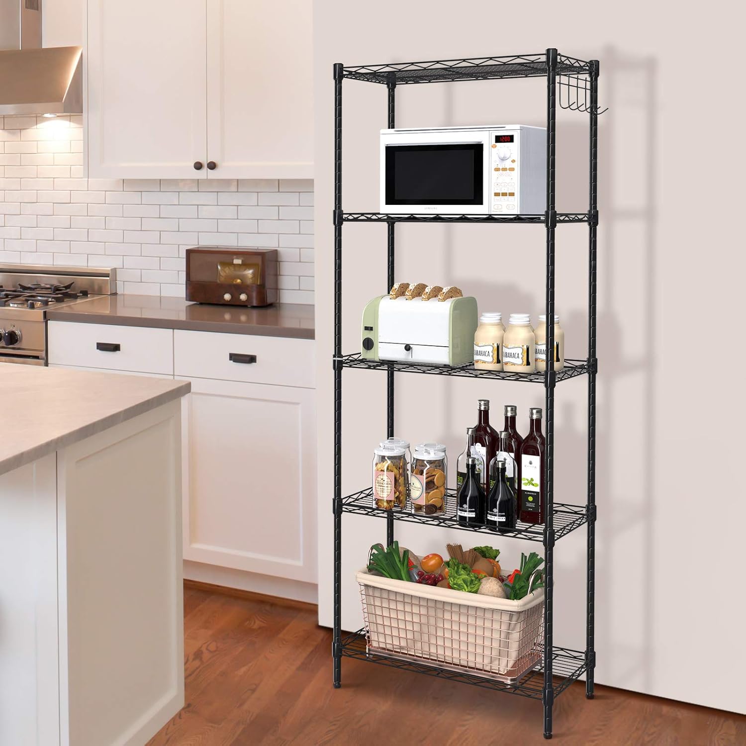 NATRKE 6-Tier Storage Shelf Wire Shelving Unit, Adjustable Heavy Duty Storage Shelves for Kitchen Organization, with Leveling Feet and Lockable Wheels, Black (21.26 Lx12 Wx69 H)