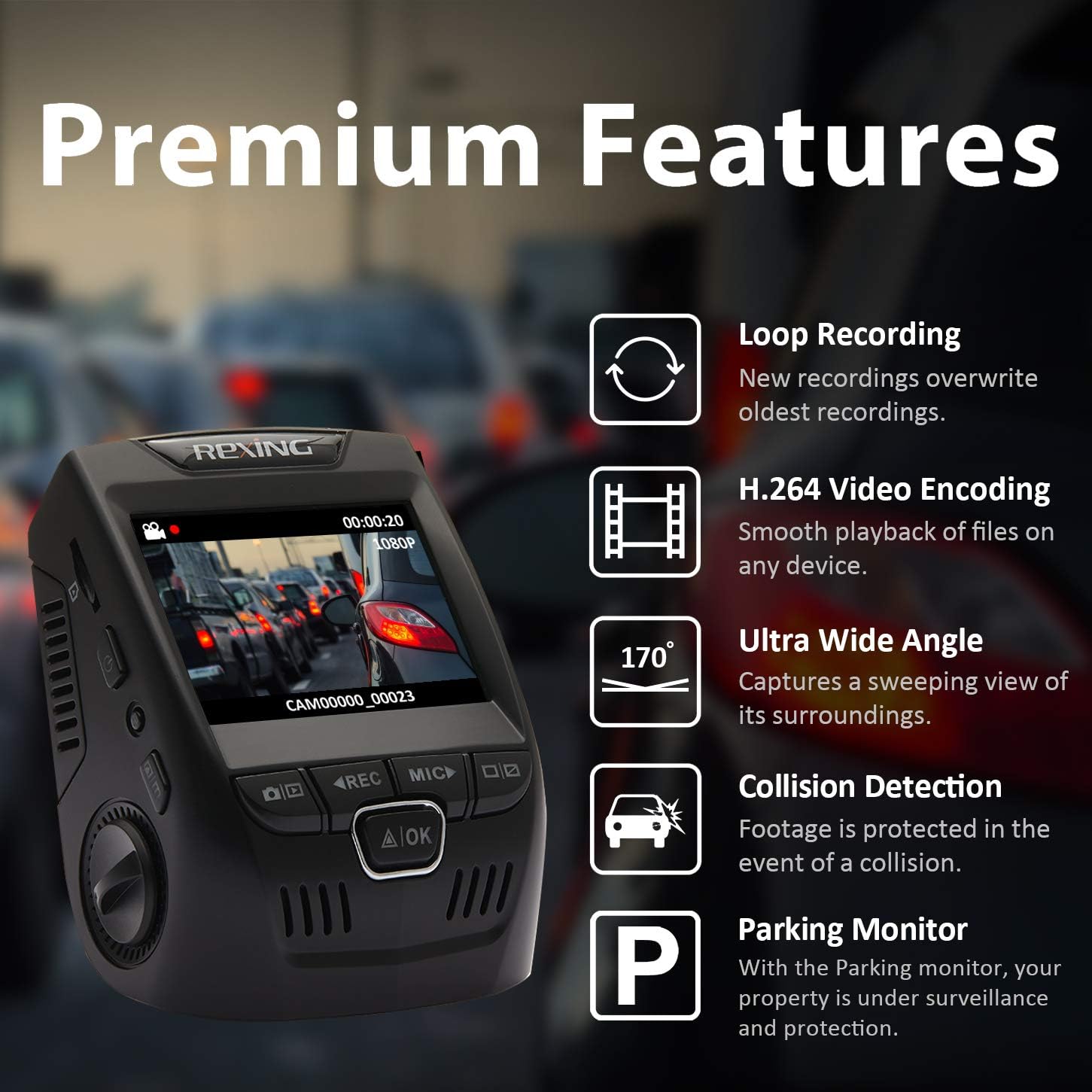 Rexing V1 Basic Dash Cam 1080P FHD DVR Car Driving Recorder, 2.4