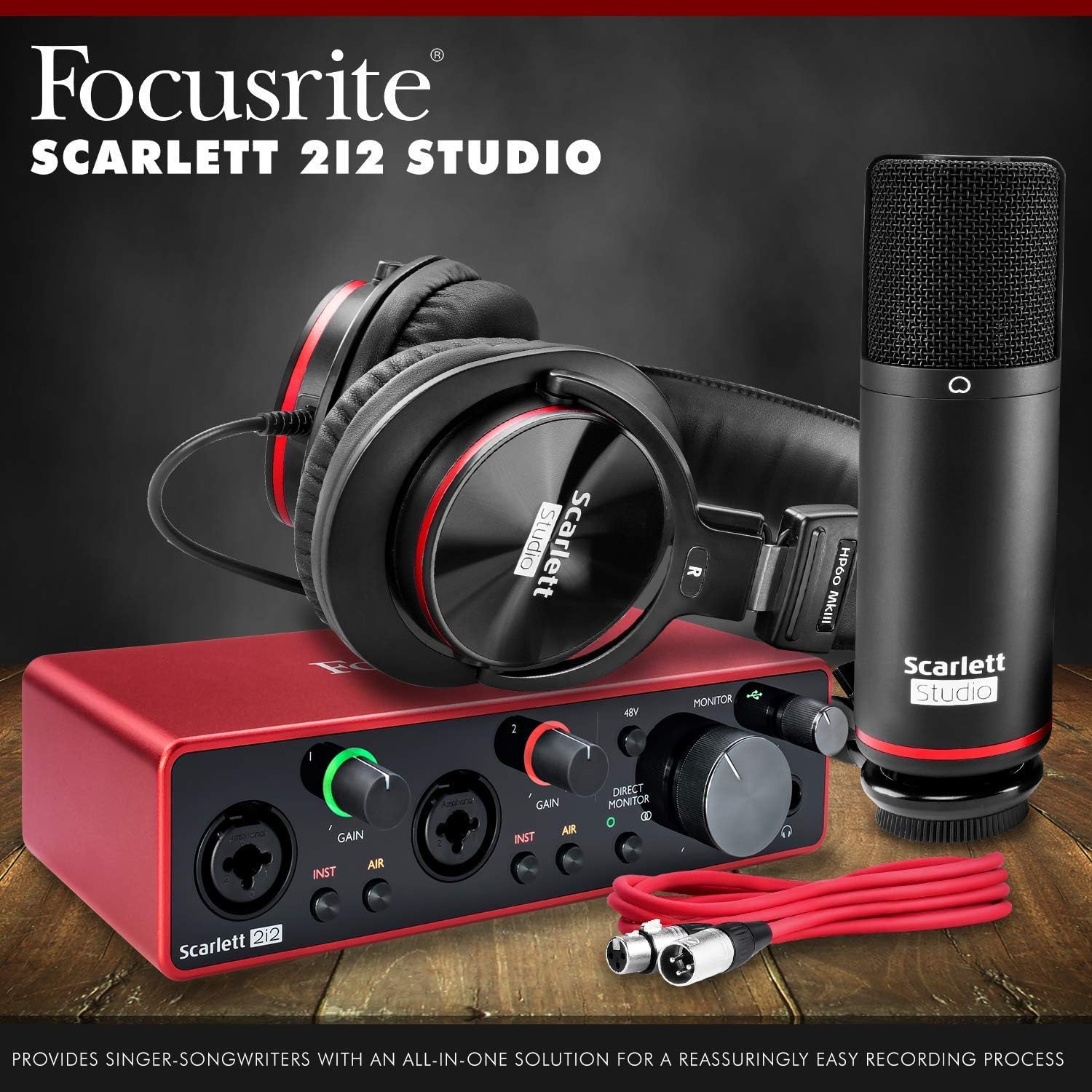 Focusrite Scarlett 2i2 2-in 2-Out Studio Package (3rd Gen) w/ CM25 MkIII Condenser Microphone, HP60 MkIII Professional Headphones + Xpix Pop Screen Filter, Xpix Mic Stand, Cables and Accessories
