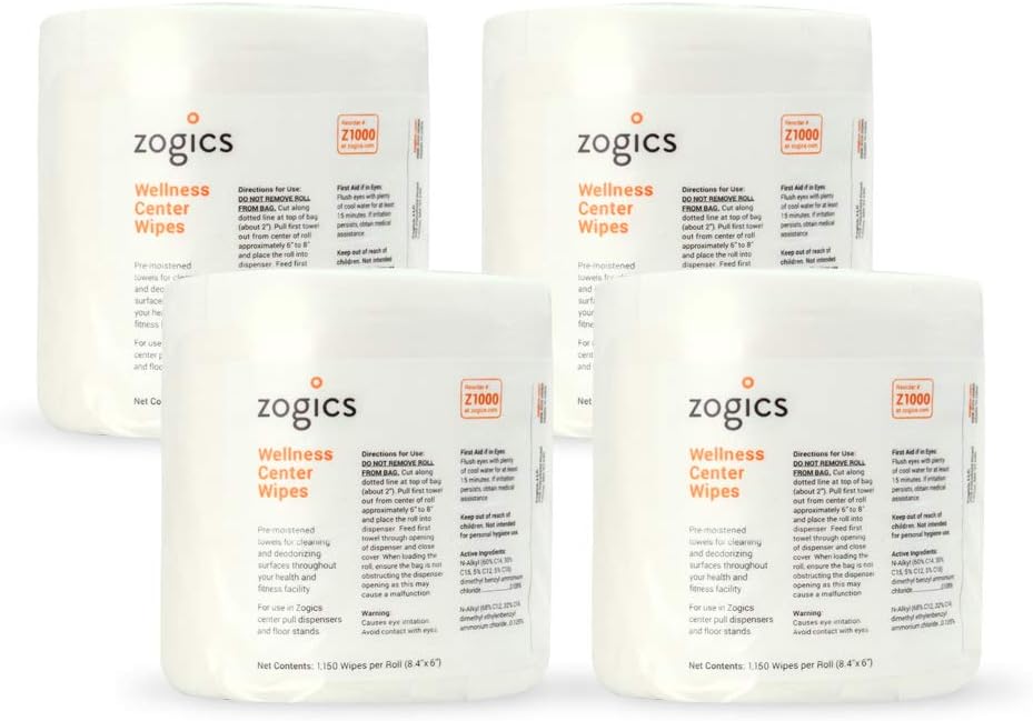Zogics Wellness Center Cleaning Wipes – Gym Wipes for Cleaning Surfaces and Equipment, Durable and Safe Pre-Saturated Wet Wipes (4,600 Count, 4 Rolls of 1150 Wipes)