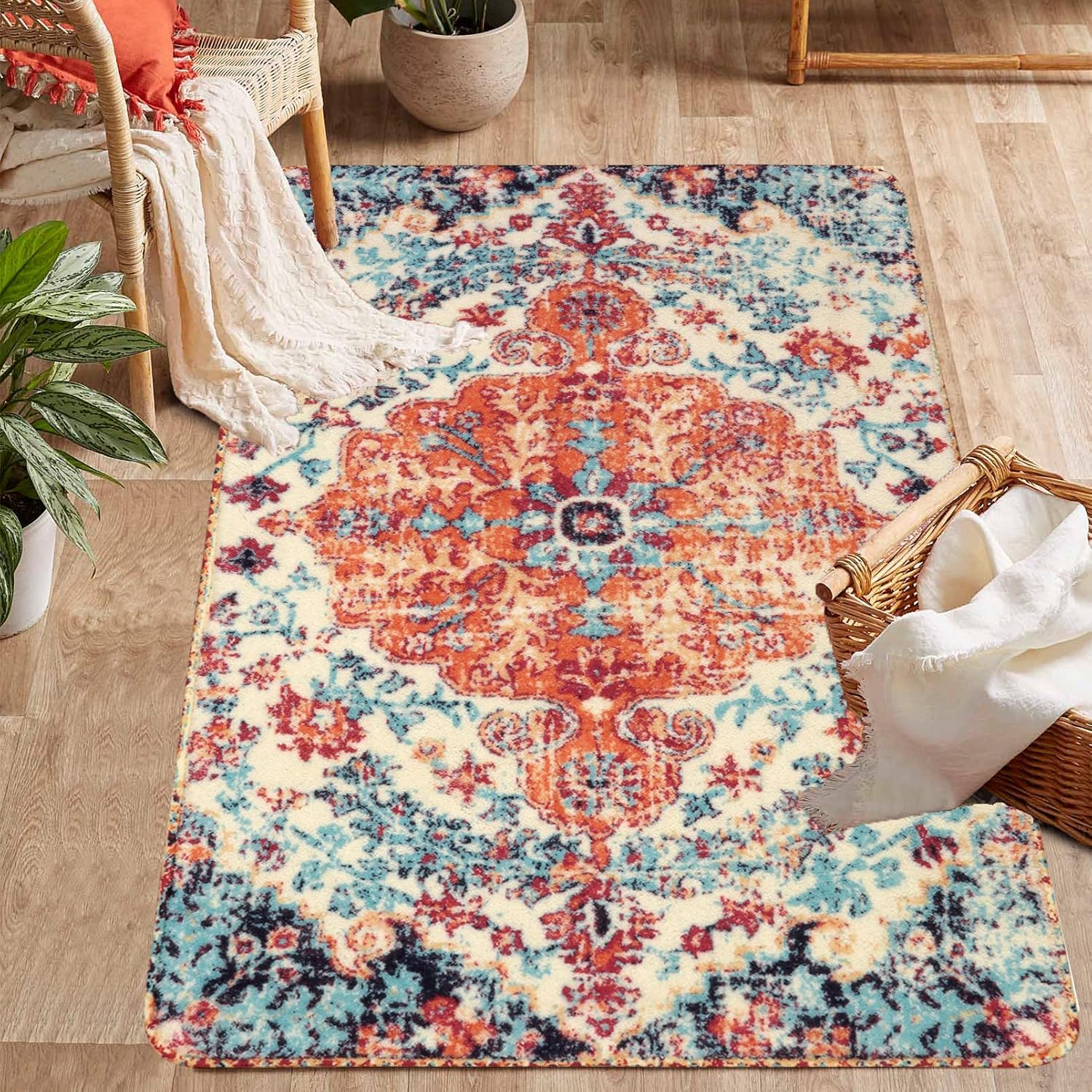 Lahome Bohemian Floral Medallion Area Rug - 3x5 Vintage Teal Distressed Entry Throw Rug Turkish Faux Wool Accent Rug Non-Slip Washable Low-Pile Carpet for Bathroom Entrance Living Bedroom