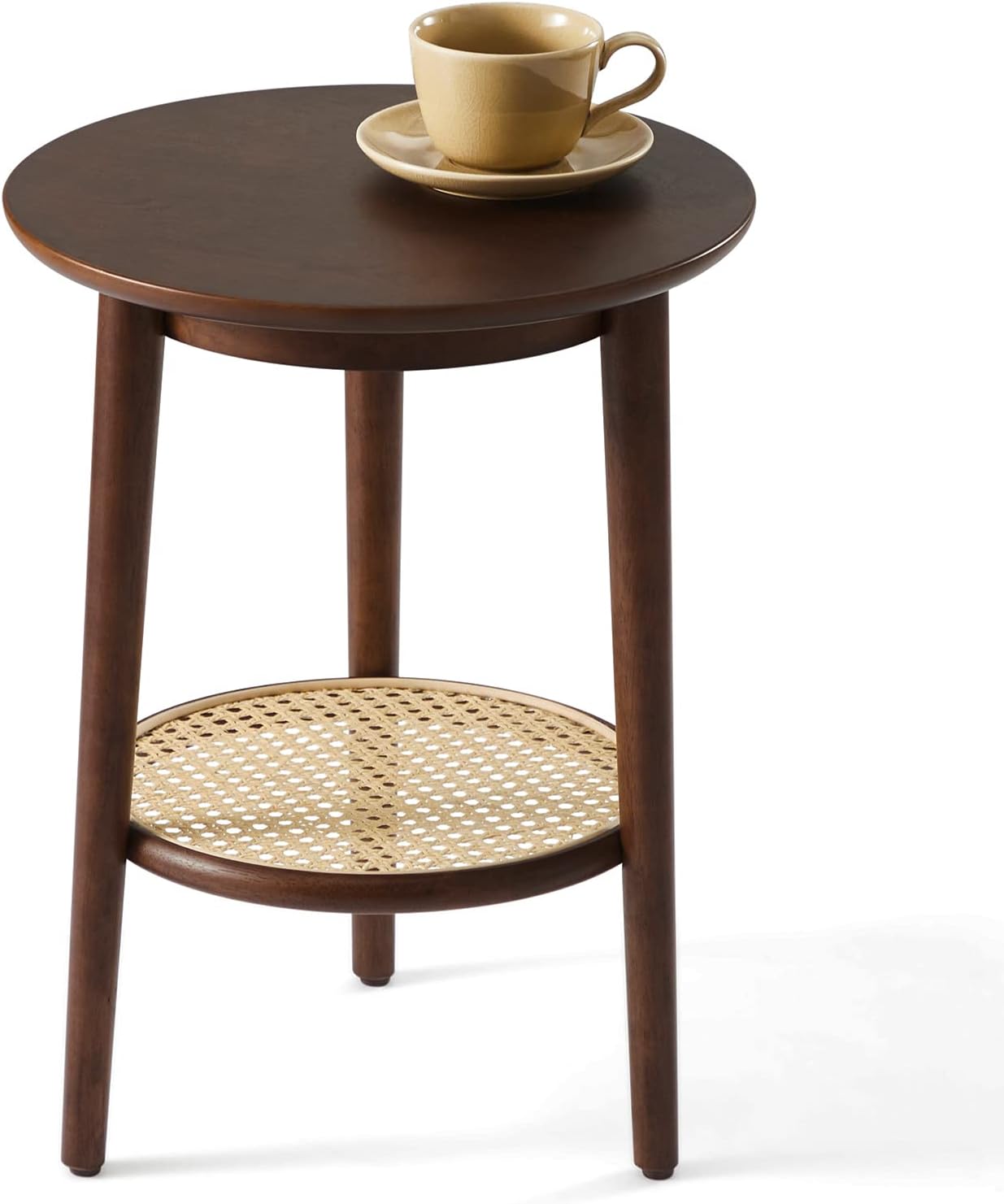 Harmati Round Side Table with Storage - Walnut End Table for Living Room, Bedroom and Small Spaces, Modern Accent Bedside Tables Easy Assembly, Solid Wood Legs & Natural Rattan
