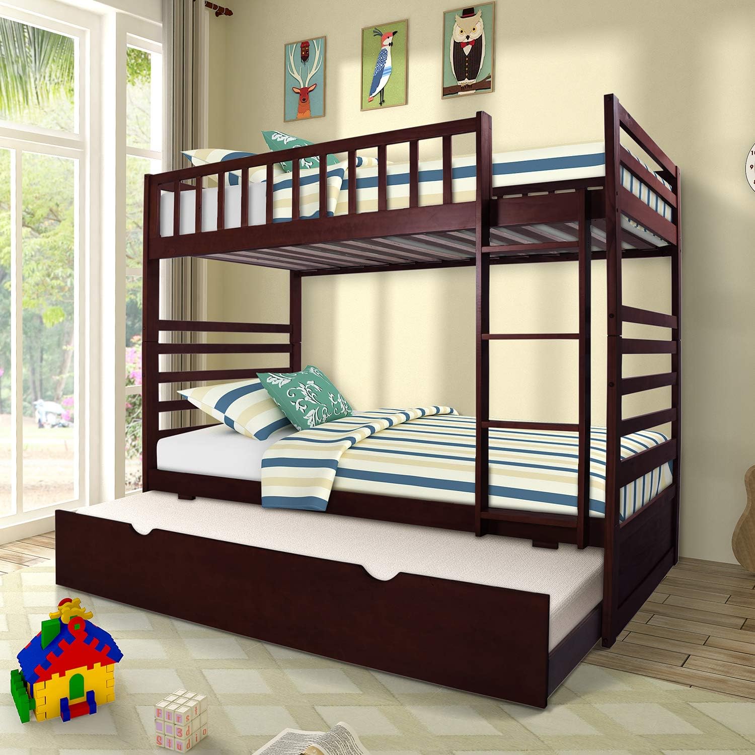 Twin Bunk Bed with Trundle, Rockjame Space Saving Design Sleeping Bedroom Furniture Wood Twin Over Twin Bunk Bed Frame with Ladder and Safety Rail (Espresso)