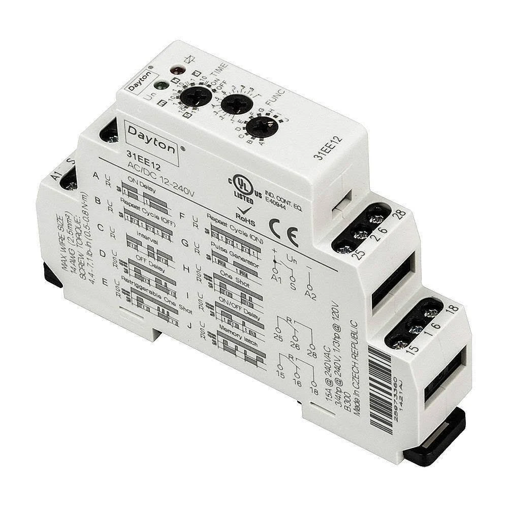 Dayton 31EE12 Time Delay Rlay,12 to 240VAC/DC,15A,DPDT