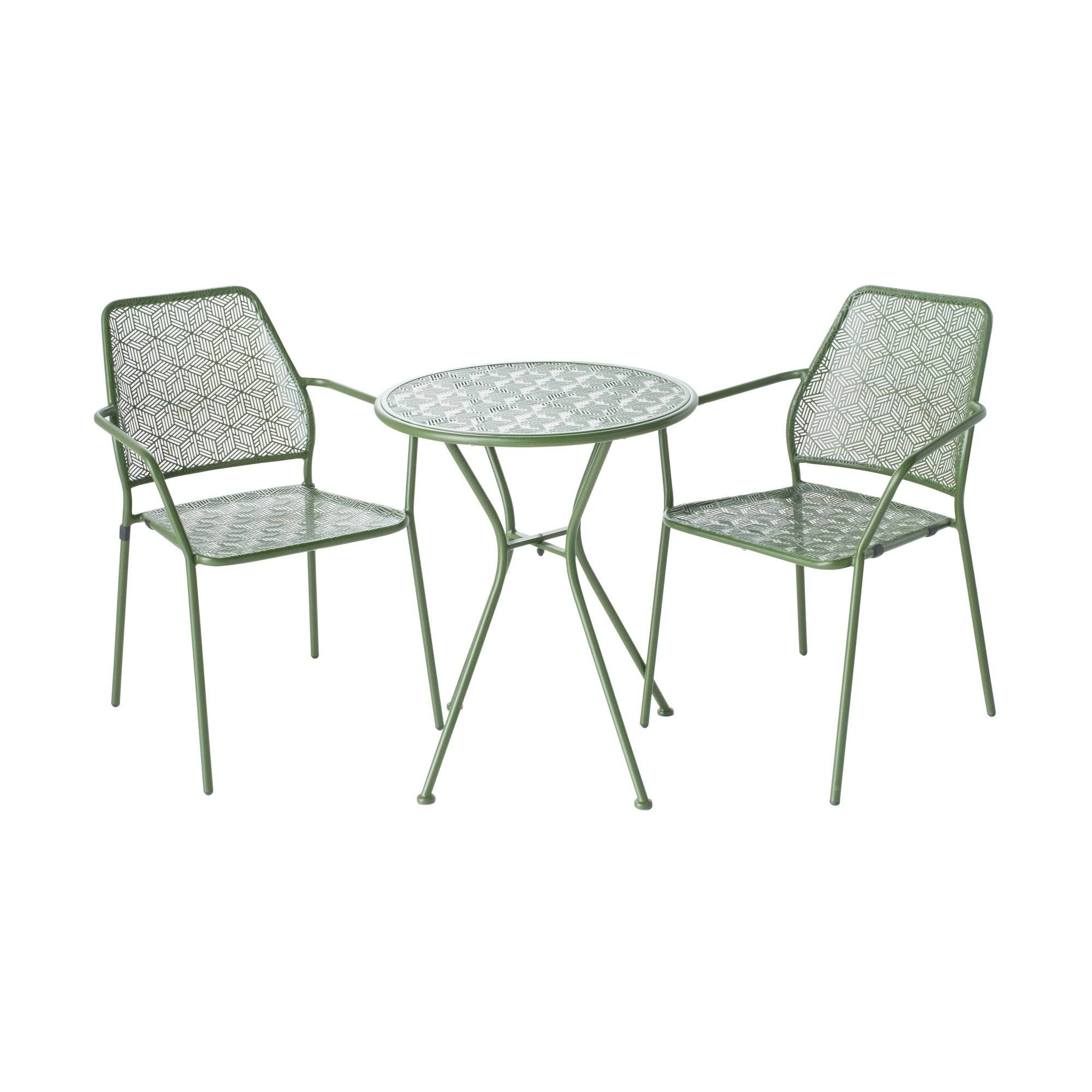 Alfresco Home Martini 3 Piece Bistro Set in Moss Finish with 23.75x22 Round Bistro Table and 2 Stackable Bistro Chairs