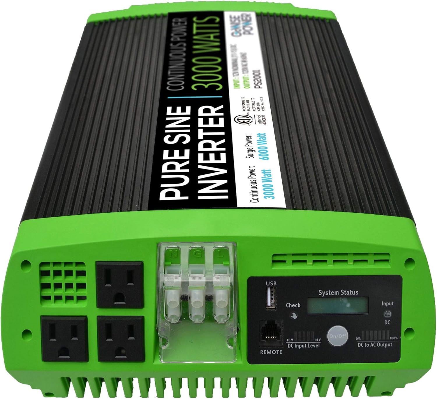 GoWISE Power 3000W Continuous 6000W Surge Peak Power Pure Sine Wave Inverter w/Digital LCD Display, Black/Green (PS2001)