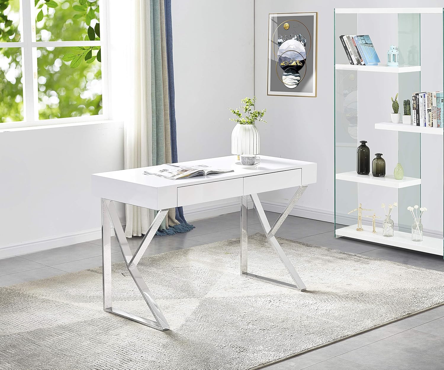 Best Master Furniture Benson High Gloss Modern Lacquer Home Office Desk, Silver Finish