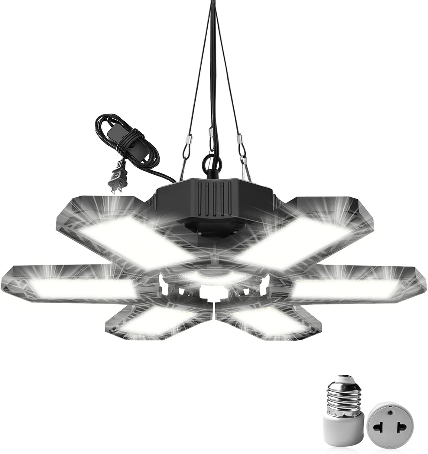 2 Pack LED Garage Light with 6 Adjustable Panels, 18500 LM Plug in Linkable LED Shop Light, 185W 6500K Deformable Garage Lights Ceiling Led Light Fixtures with Built-in ON/Off Switch