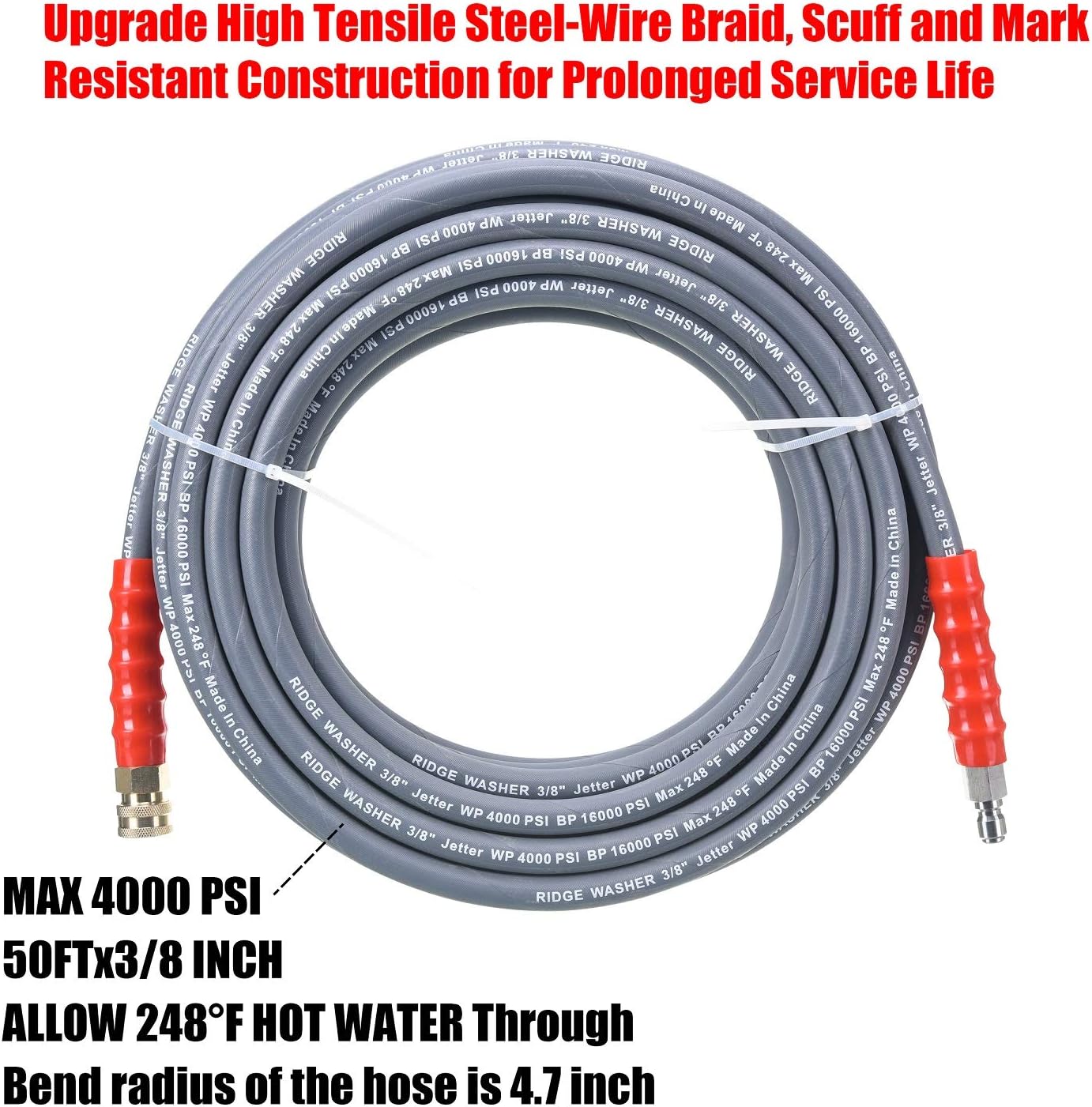 RIDGE WASHER Pressure Washer Hose 50 Feet X 3/8 Inch for Hot and Cold Water, with M22 14mm to 3/8 Inch Quick Connect, 4000 PSI Pack of 2