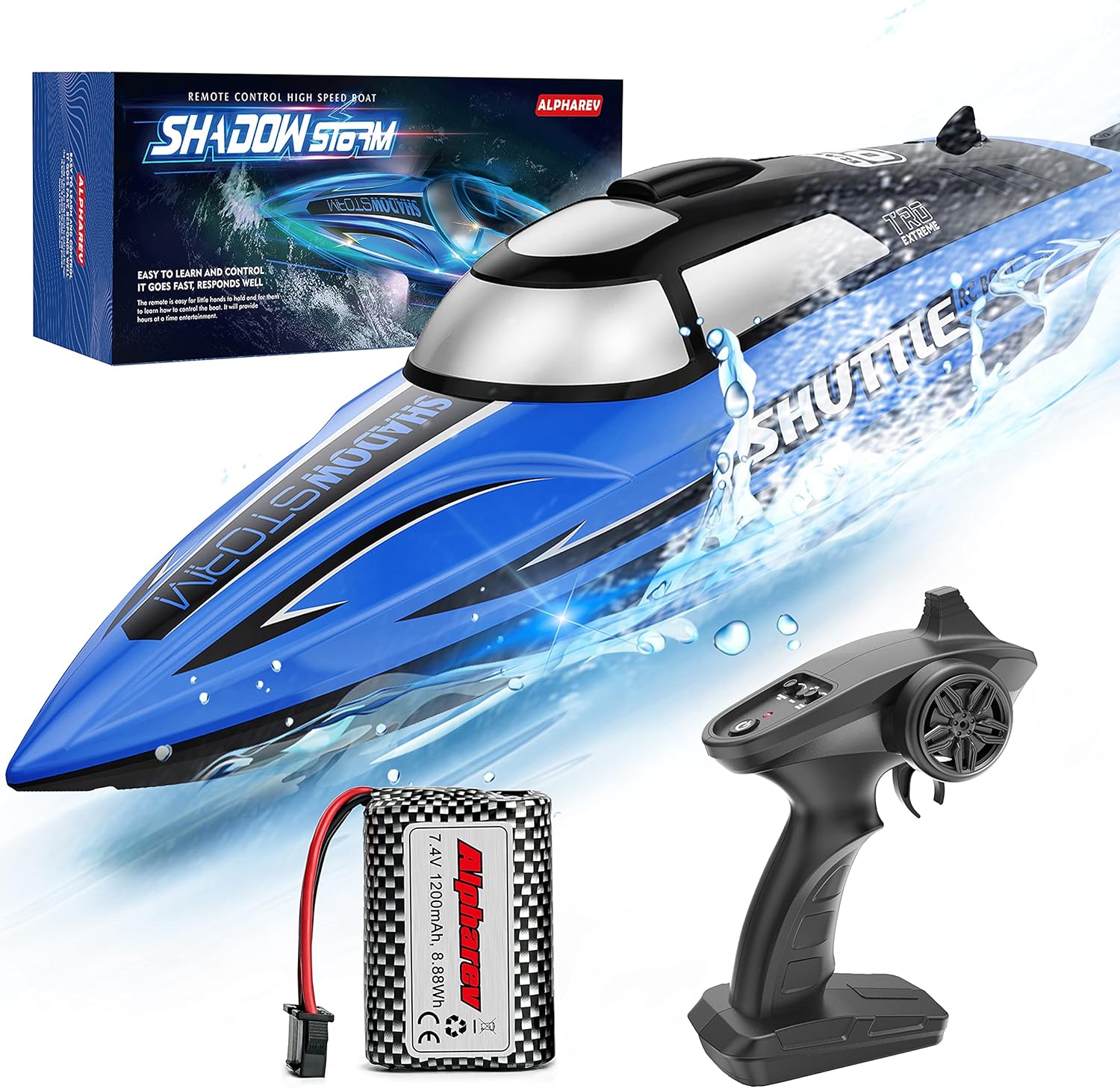 RC Boat-AlphaRev R208 20+ MPH Fast Remote Control Boat with LED Light for Pools and Lakes, 2.4GHz RC Boats with Rechargeable Battery for Adults and Kids Pack of 2