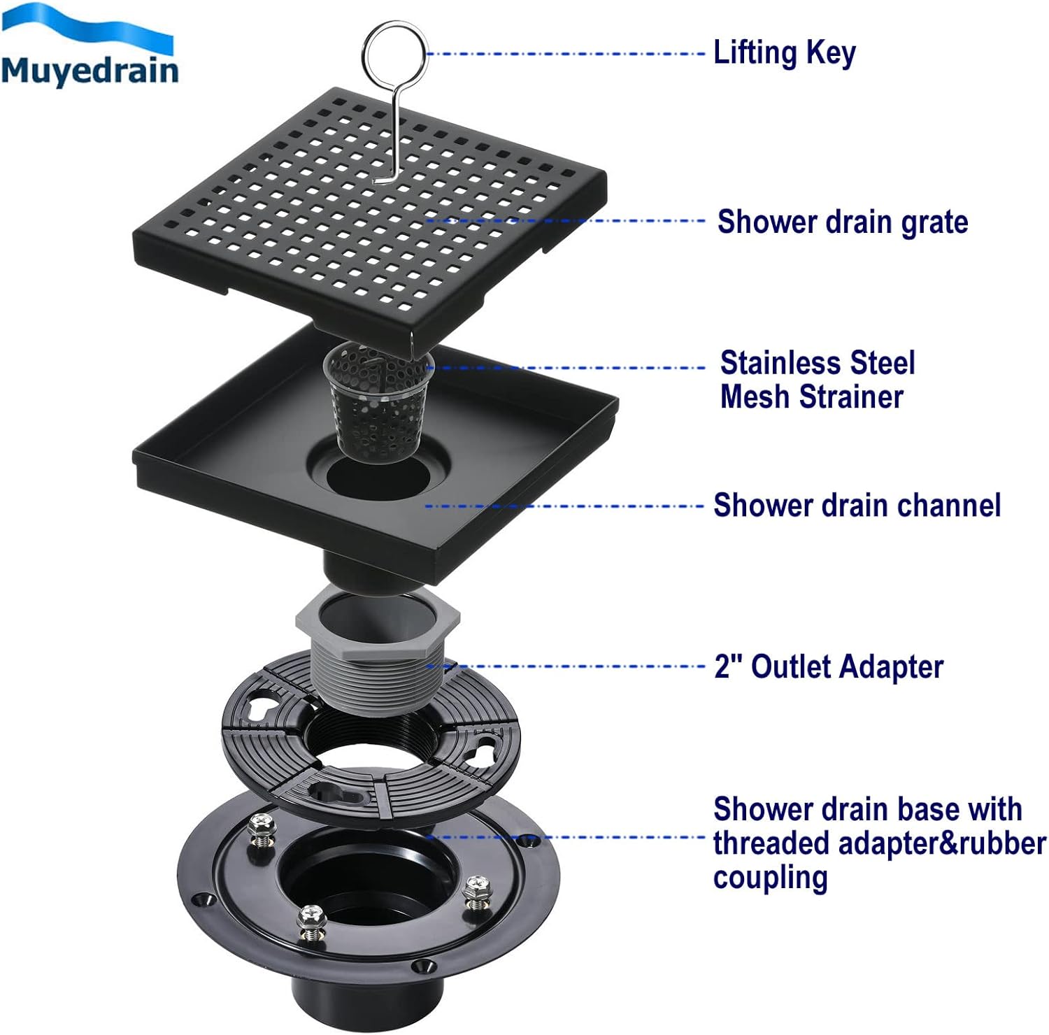 Square Shower Drain 6 inch 304 Stainless Steel Bathroom Floor Drain, Adjustable Feet, Threaded Adapter Included,CUPC Certified, Includes Hair Strainer,Black,MUYEDRAIN