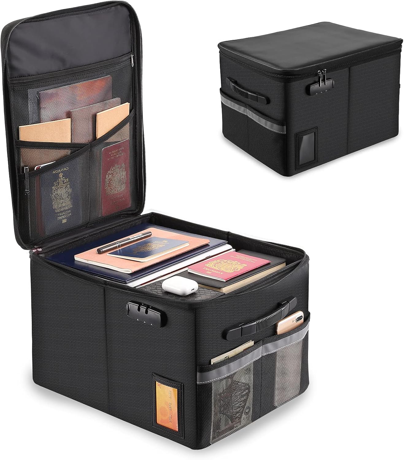 File Box with Lock, Fireproof Box File Storage Organizer Box, File Storage Organizer Box with Lid, Collapsible Fireproof Document Box Filing Box with Handle, Portable Home Office Safe Box for Hanging Letter/Legal Folder… Pack of 2