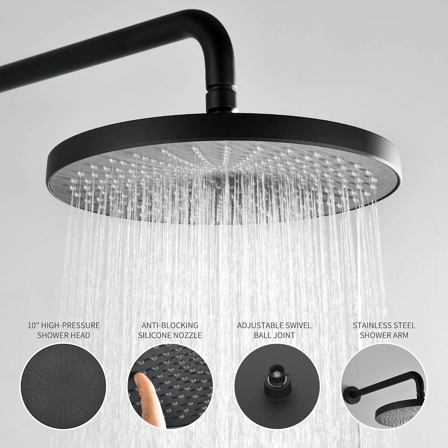NAVALYA Shower System, 10'' Bathroom Shower Set with Liquid Silicone Rainfall Showerhead & Handheld Shower Head, High-Pressure Wall Mounted Shower System Included Rough-in Valve &Trim Kit, Matte Black