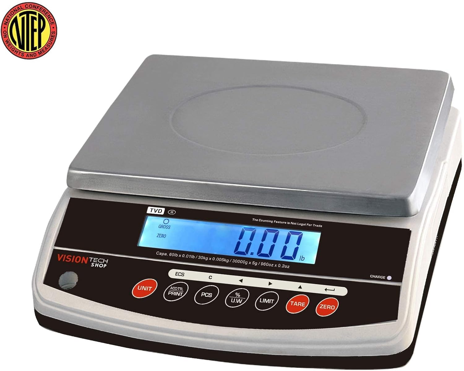VisionTechShop TVD-60D Digital Bench and Counter Scale, Lb/Oz/Kg/g Switchable, 60lb Capacity, 0.01lb Readability, Counting and Percentage Mode, Dual Display, NTEP Legal for Trade, CC# : 20-032