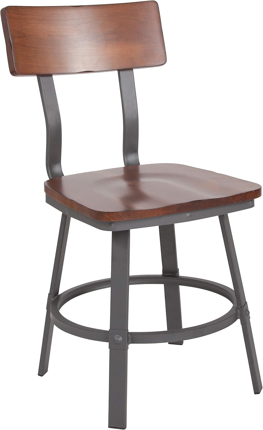 Flash Furniture Flint Series Rustic Walnut Restaurant Chair with Wood Seat & Back and Gray Powder Coat Frame
