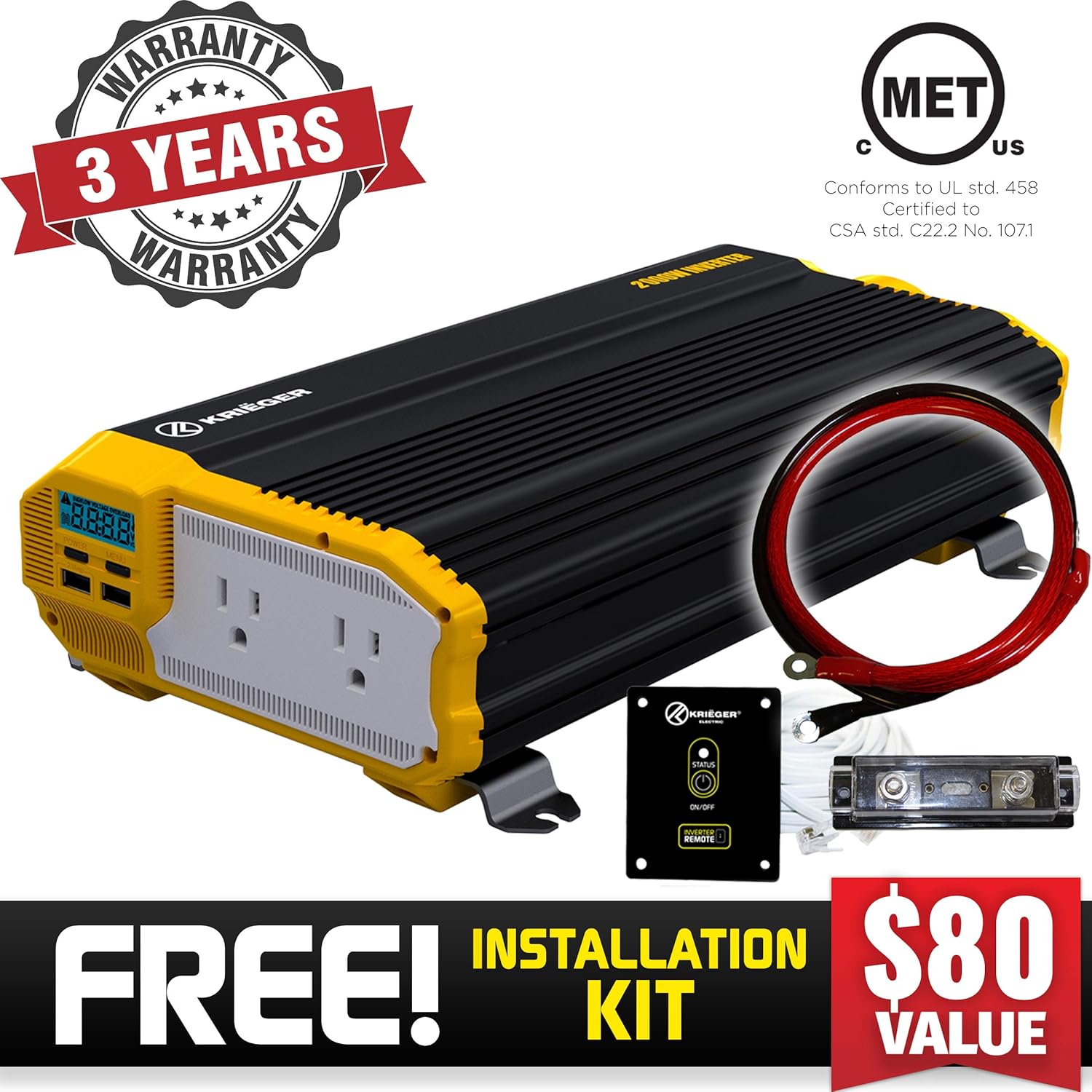 Krieger 2000 Watts Power Inverter 12V to 110V, Modified Sine Wave Car Inverter, Dual 110 Volt AC Outlets, DC to AC Converter with Installation Kit Included - MET Approved to UL and CSA Standards