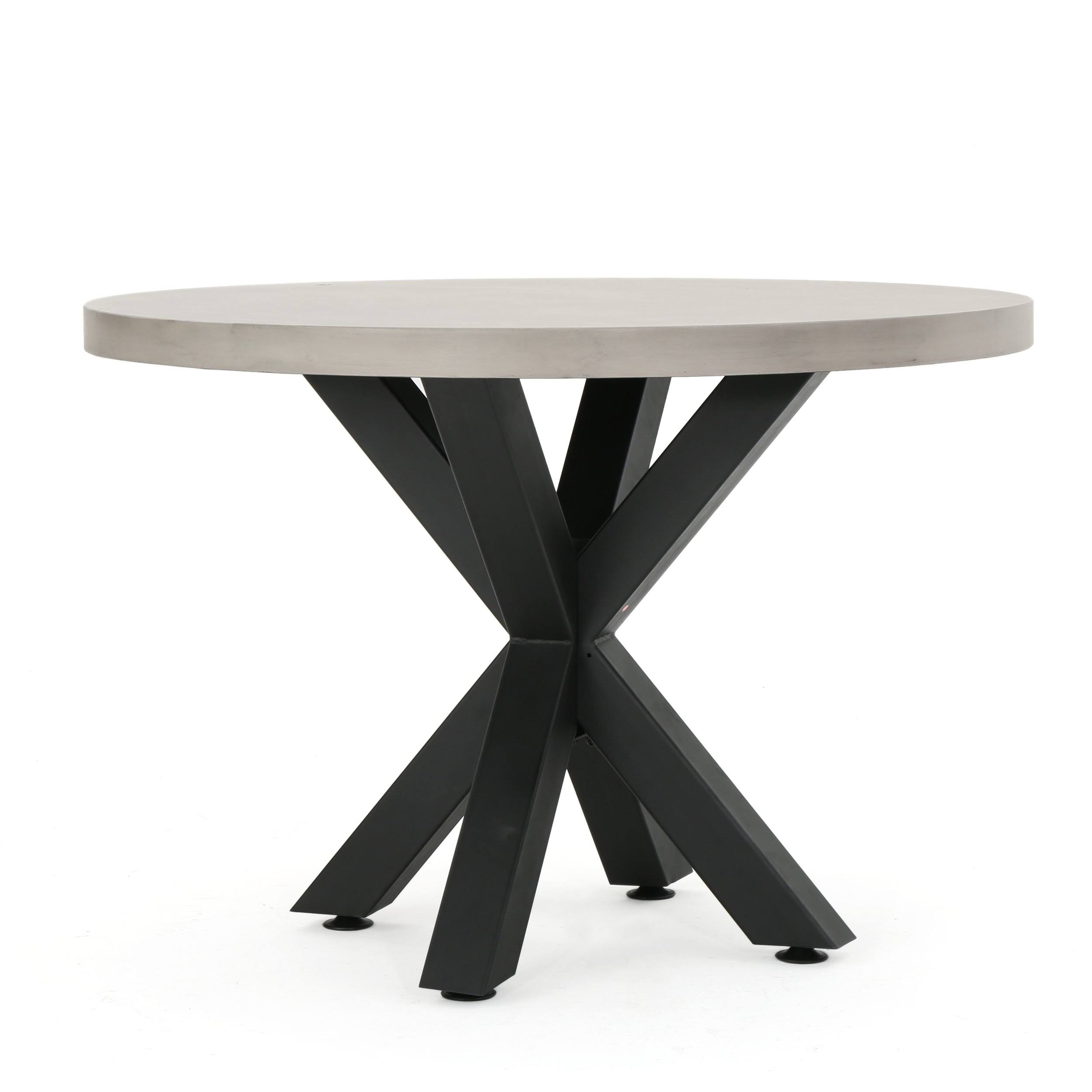 Carina Light Weight Concrete Circular Dining Table with Black Iron Cross Pedestal Base, White