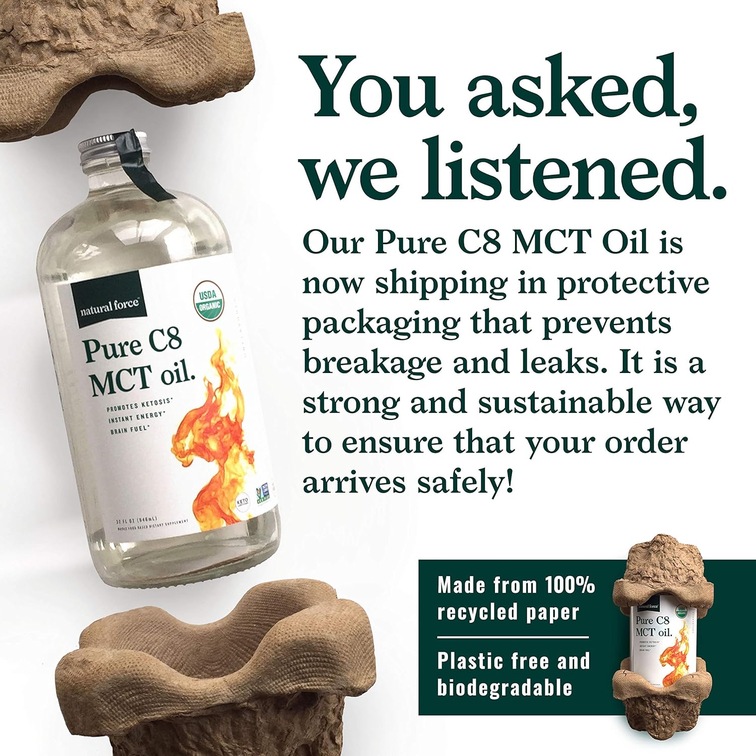 Natural Force Organic Pure C8 MCT Oil – Liquid MCT Oil in Glass Bottle Container – Concentrated Caprylic Acid – Keto, Paleo, Kosher, Vegan & Non-GMO – Lab Tested for Quality and Purity, 32 Ounce Pack of 2