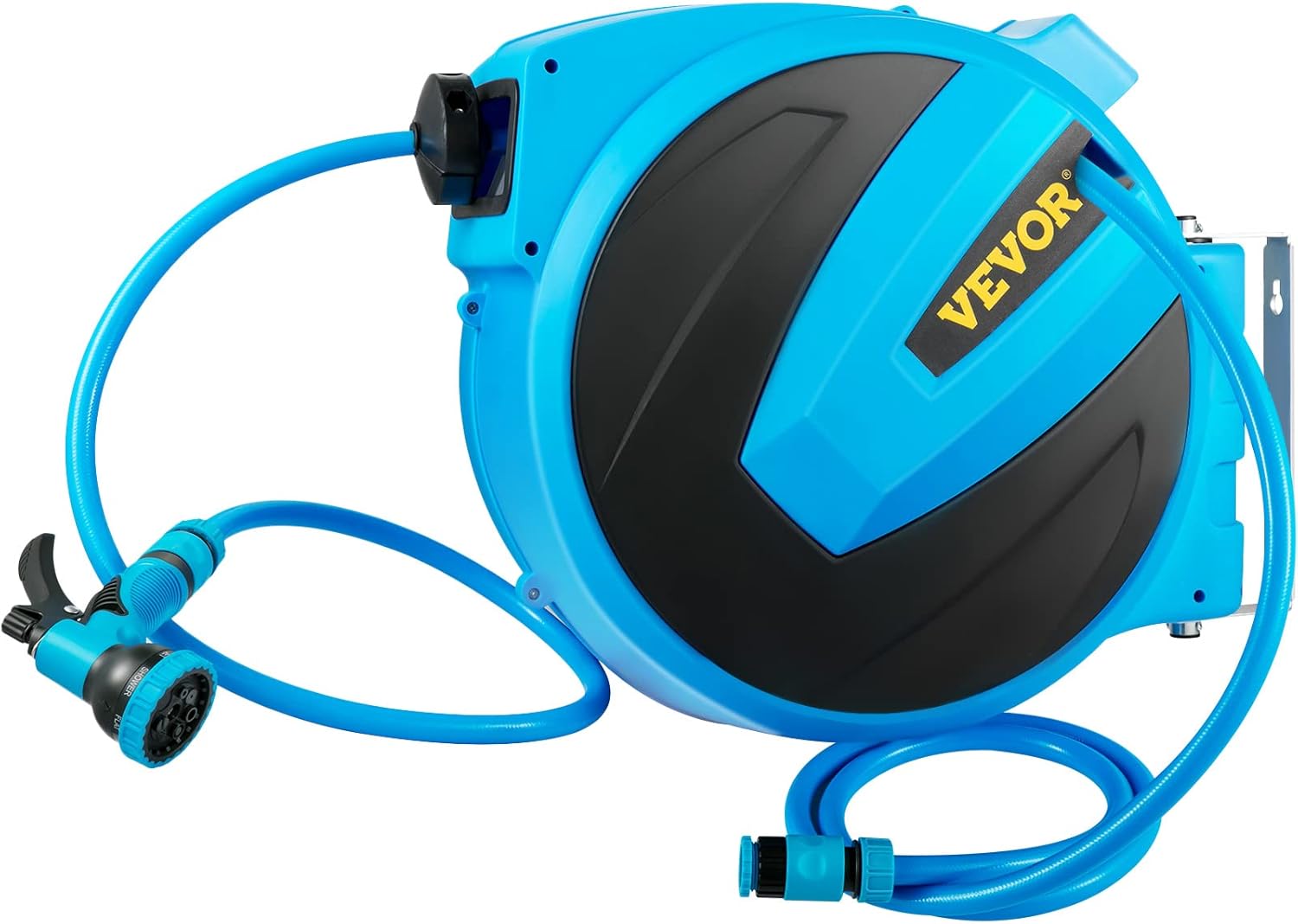 VEVOR Retractable Hose Reel, 5/8 inch x 90 ft, Any Length Lock & Automatic Rewind Water Hose, Wall Mounted Garden Hose Reel w/ 180&deg; Swivel Bracket and 7 Pattern Hose Nozzle, Blue