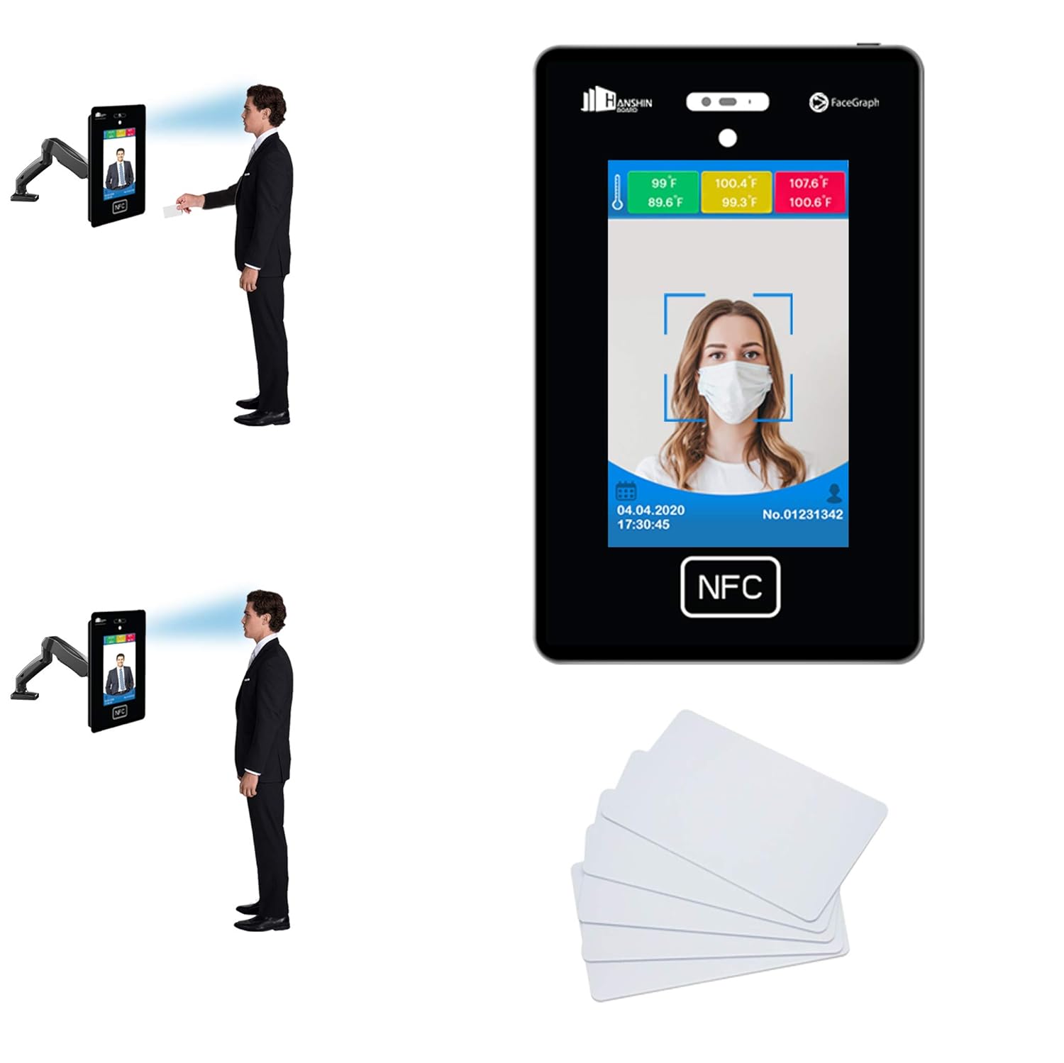 FaceGraph No Contact Temperature & Attendance Tracking Scanner Kiosk + Solid Steel Floor Stand & 50 RFID Cards Bundle-Facial Recognition with Phone app
