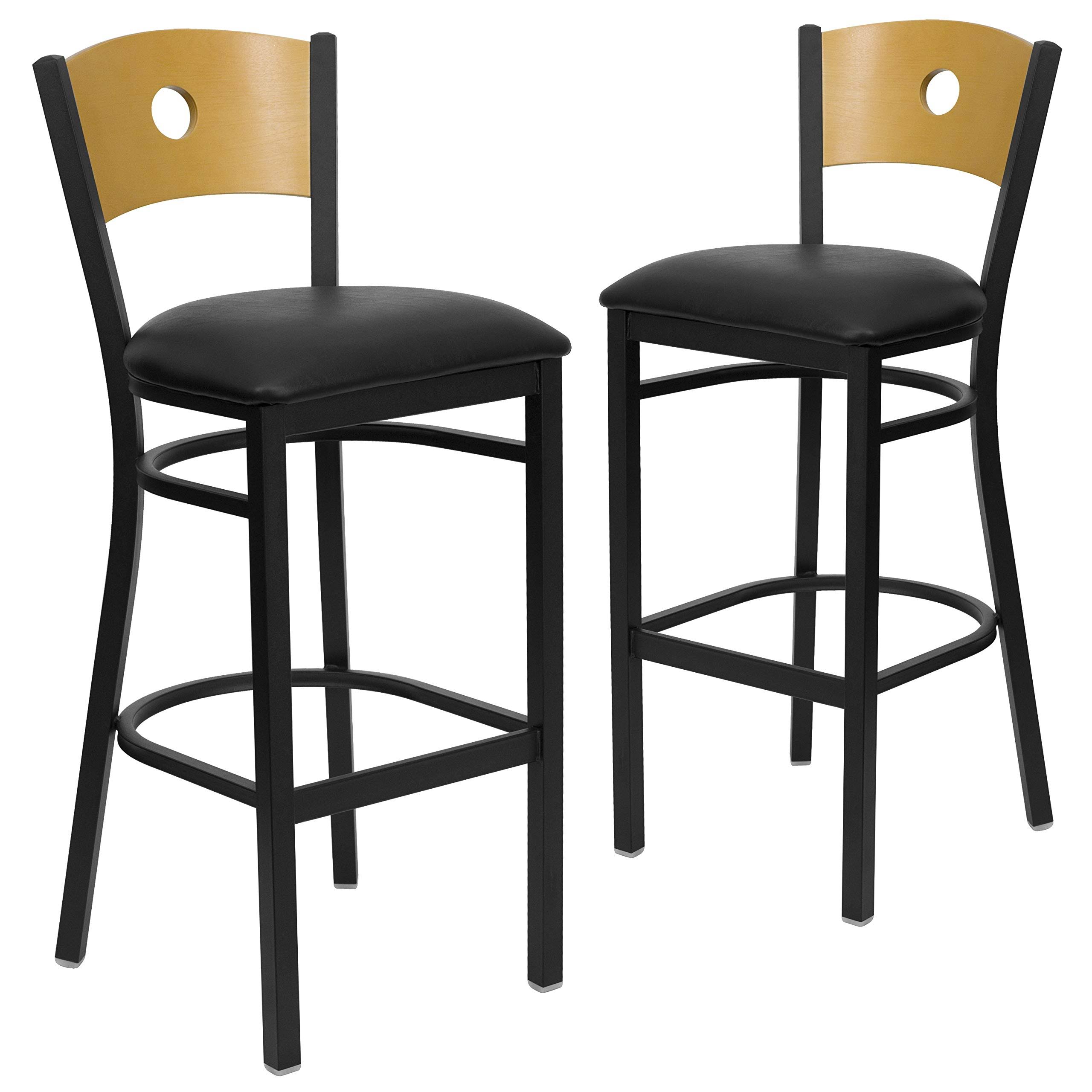 Flash Furniture 2 Pk. Hercules Series Black Circle Back Metal Restaurant Barstool - Natural Wood BACK, Black Vinyl Seat