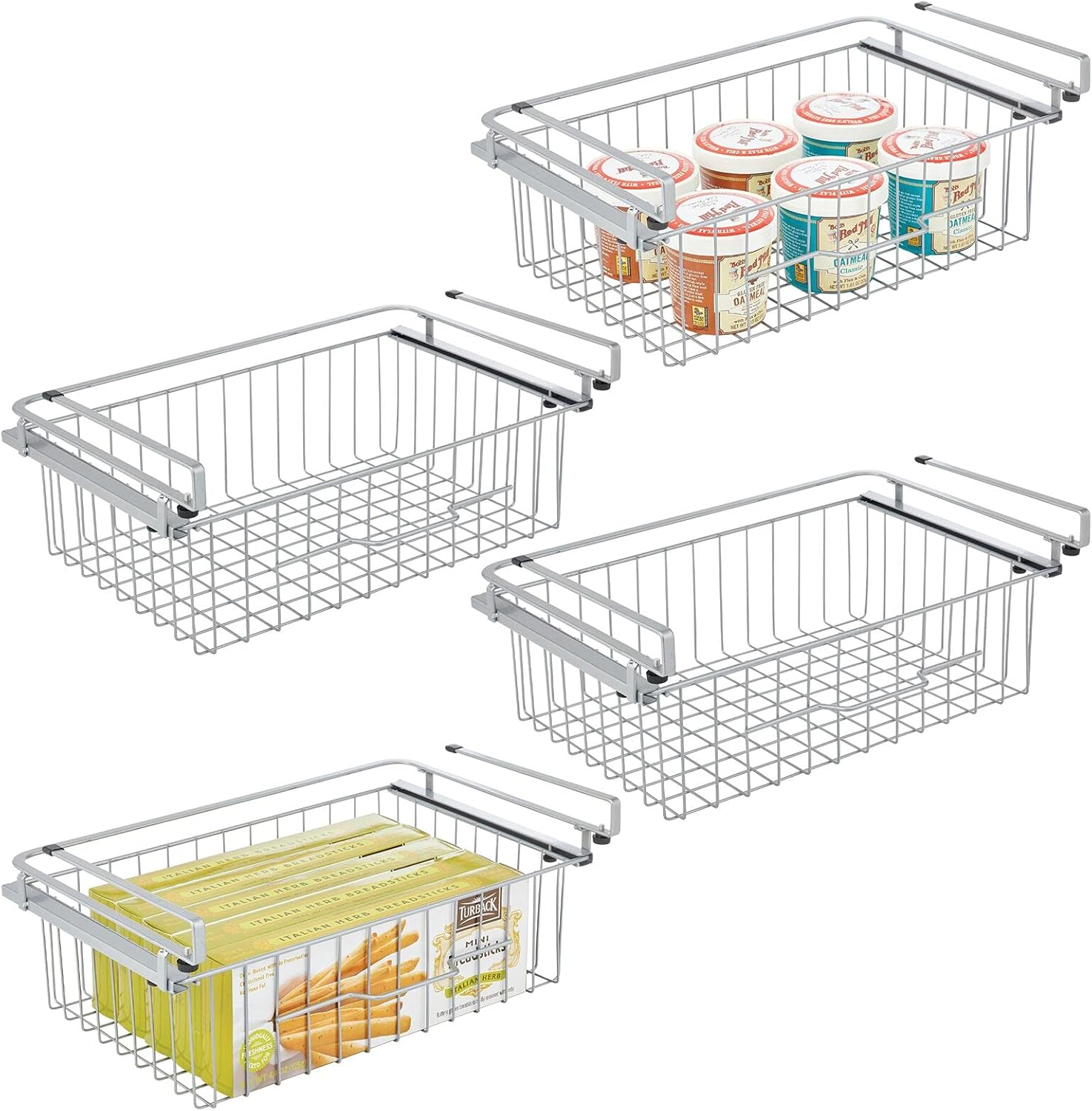 mDesign Large Metal Wire Hanging Pullout Drawer Basket - Sliding Under Shelf Storage Organizer - Attaches to Shelving - Easy Install - 4 Pack - Silver