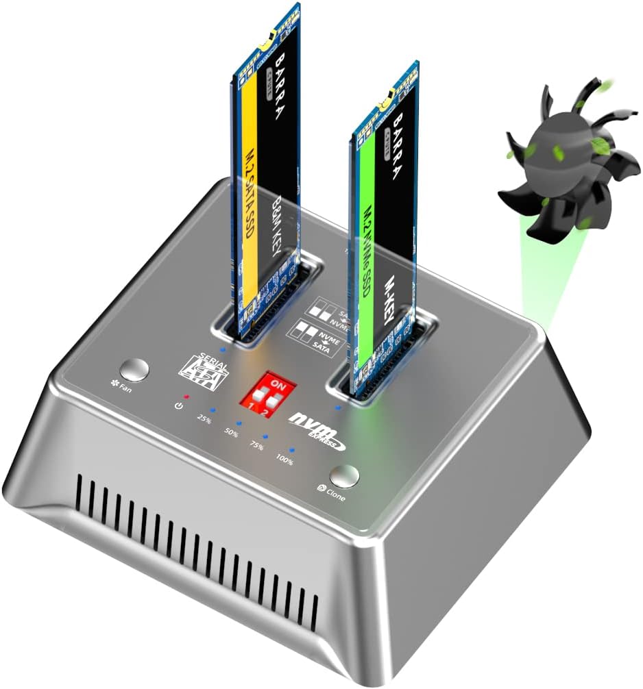 AODUKE USB3.2 10Gbps to M.2 NVMe SATA Docking Station, Fan Cooling External Hard Drive Enclosure, Support M.2 SATA/PCIe SSD Offline Clone Data backup-AJM2SPC
