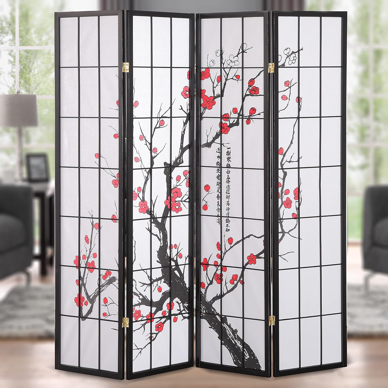 Roundhill Furniture Japanese Plum Blossom 4-Panel Room Divider,Black