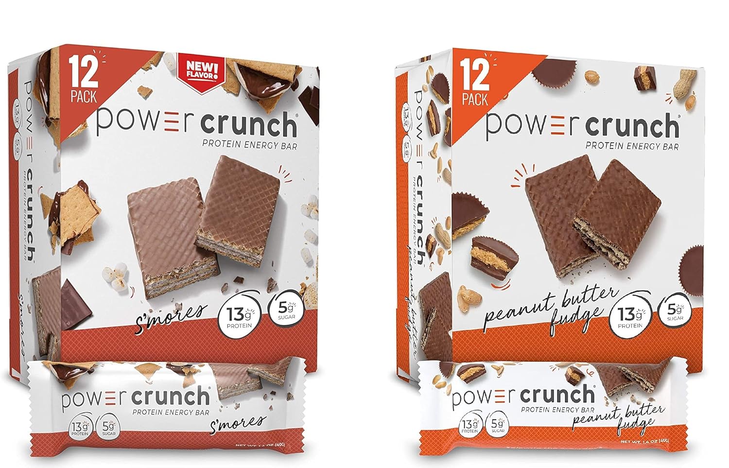 Power Crunch Whey Protein Bars, High Protein Snacks with Delicious Taste, Variety Pack, S'mores & Peanut Butter Fudge, 1.4 Ounce (24 Count) Pack of 2