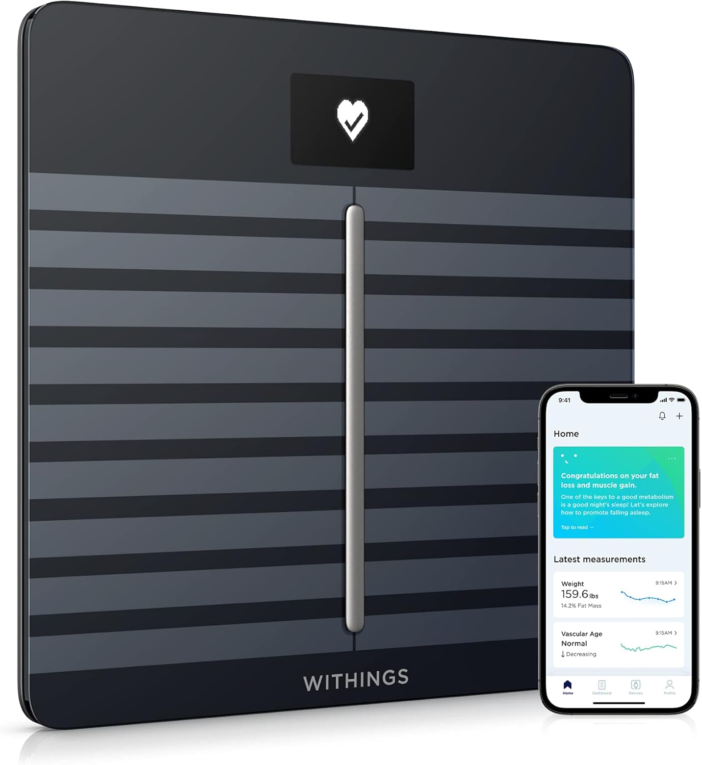 Withings Body Cardio – Premium Wi-Fi Body Composition Smart Scale, Tracks Heart Health, Vascular Age, BMI, Fat, Muscle & Bone Mass, Water %, Digital Bathroom Scale with App Sync via Bluetooth or Wi-Fi