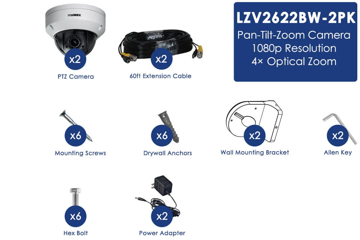 Lorex Lzv2622bw MPX HD 1080p Outdoor PTZ Camera, 4X Optical Zoom with Color Night Vision, Metal Camera (2-Pack)