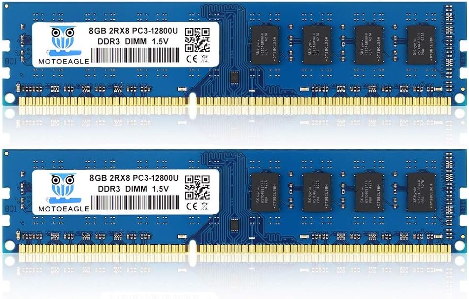 Motoeagle 16GB Kit (2x8GB) DDR3 1600 UDIMM 8GB 2RX8 PC3 12800U Dual Rank Non-ECC Unbuffered 1.5V Desktop Memory Pack of 2