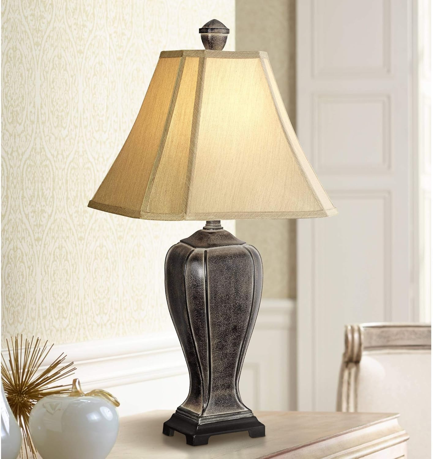 Traditional Rustic Jar Style Table Lamps Set of 2 Desert Crackle Brown Gold Taupe Faux Silk Bell Shade Decor for Living Room Bedroom House Bedside Nightstand Home Office Family - Regency Hill