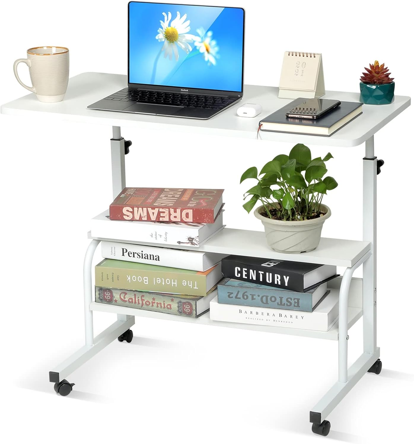 Computer Desk Home Office Student Writing Standing Desk with Storage, Study Desk Laptop Table for Small Space, Small Portable Stand Up Desk for Home Bedroom, Adjustable Rolling Desk 32x16 inch