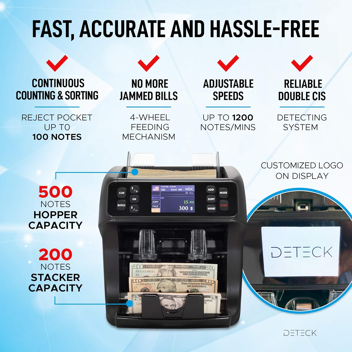 DETECK Money Counter Machine Mixed Denomination with Reject Pocket, 2Yr Warranty DT800 Bank Grade Multi Currency Bill Counter, Serial Nb, 2CIS/UV/MG Counterfeit Detection, Cash Counter, Sort & Print