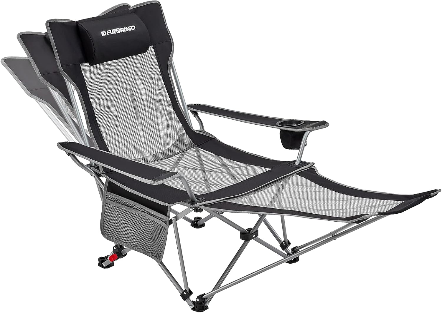 FUNDANGO Camping Lounge Chair with Foot Rest,Portable Mesh Folding Chairs,Adjustable Reclining Lawn Chair with Headrest,Cup Holder, Storage Bag for Adult Outdoor Backpacking Picnics BBQ Hiking, Black
