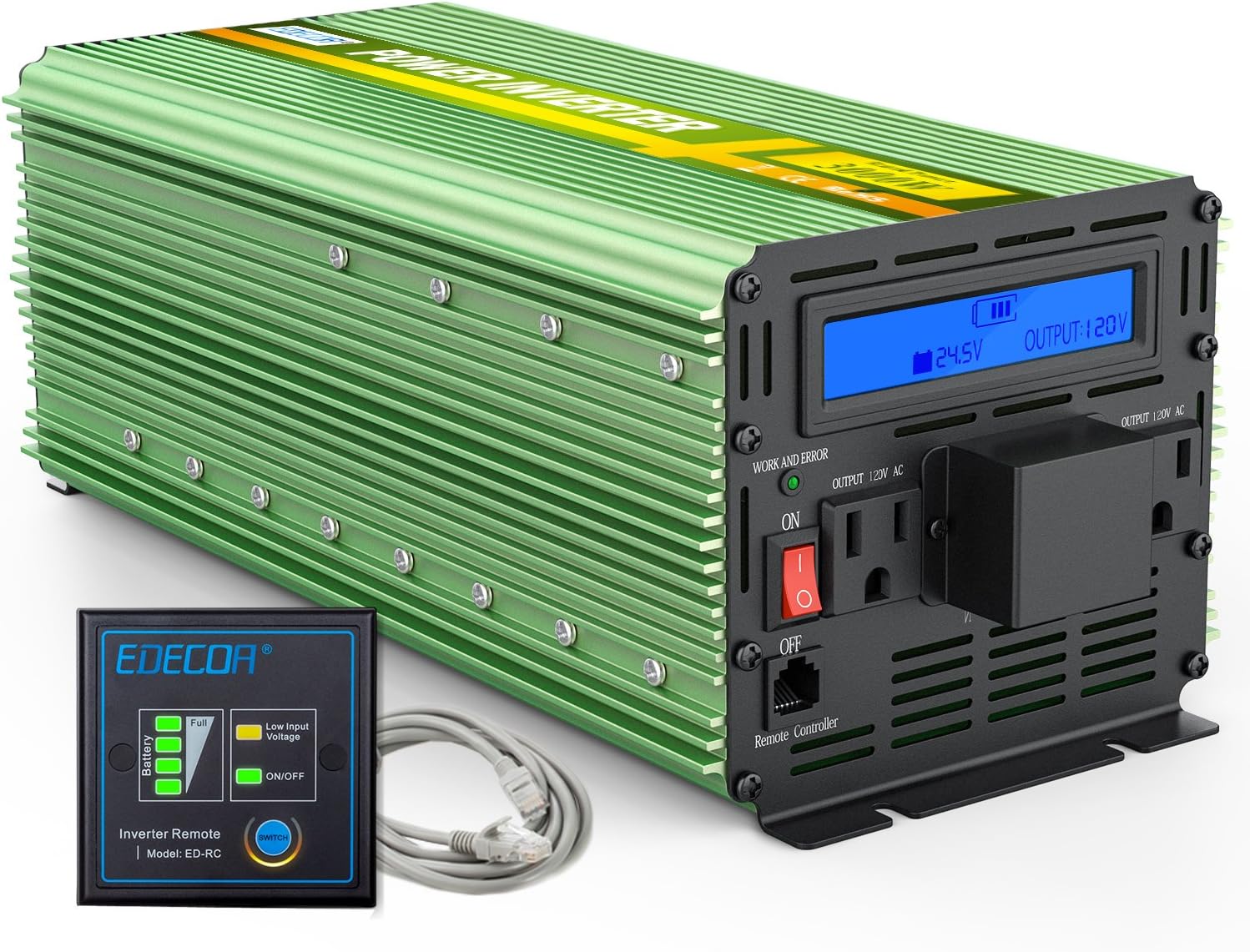 EDECOA 3000W 24V Power Inverter Modified Sine Wave DC 24V to 110V 120V AC Converter with Remote Controller and Hardwire Terminal LCD Display
