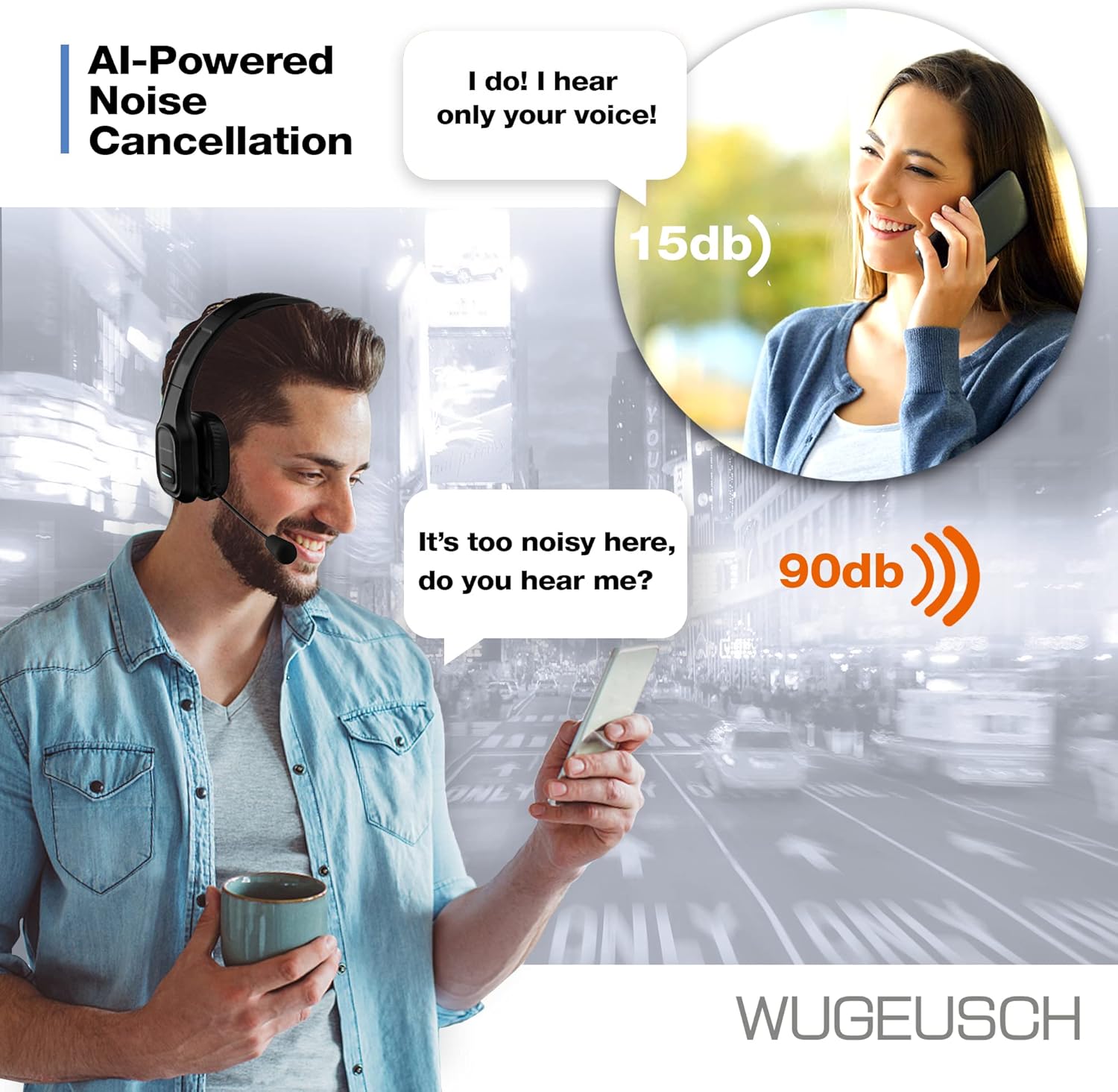 WUGEUSCH Wireless Headset With Microphone - Noise Canceling Headphones with Mic - On-Ear Earphones with USB Dongle for Office Work, Video Calling, Call Center - 32H Talk Time, Clear Audio Transmission Pack of 2