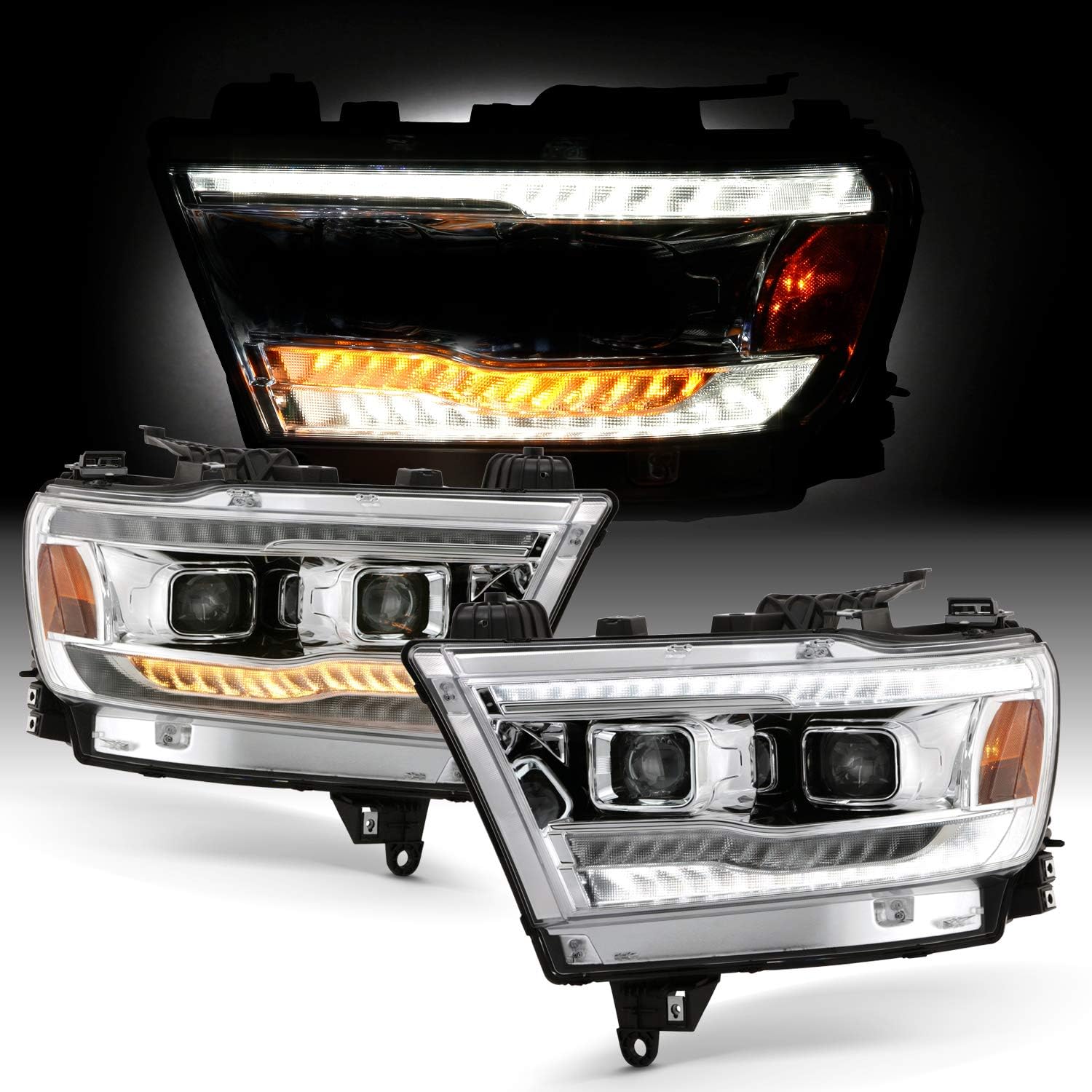 AKKON - Fits 2019-2022 RAM 1500 [Halogen Type] Black Headlights Pair w/LED High&Low Beam + Sequential Signal + Running Tube